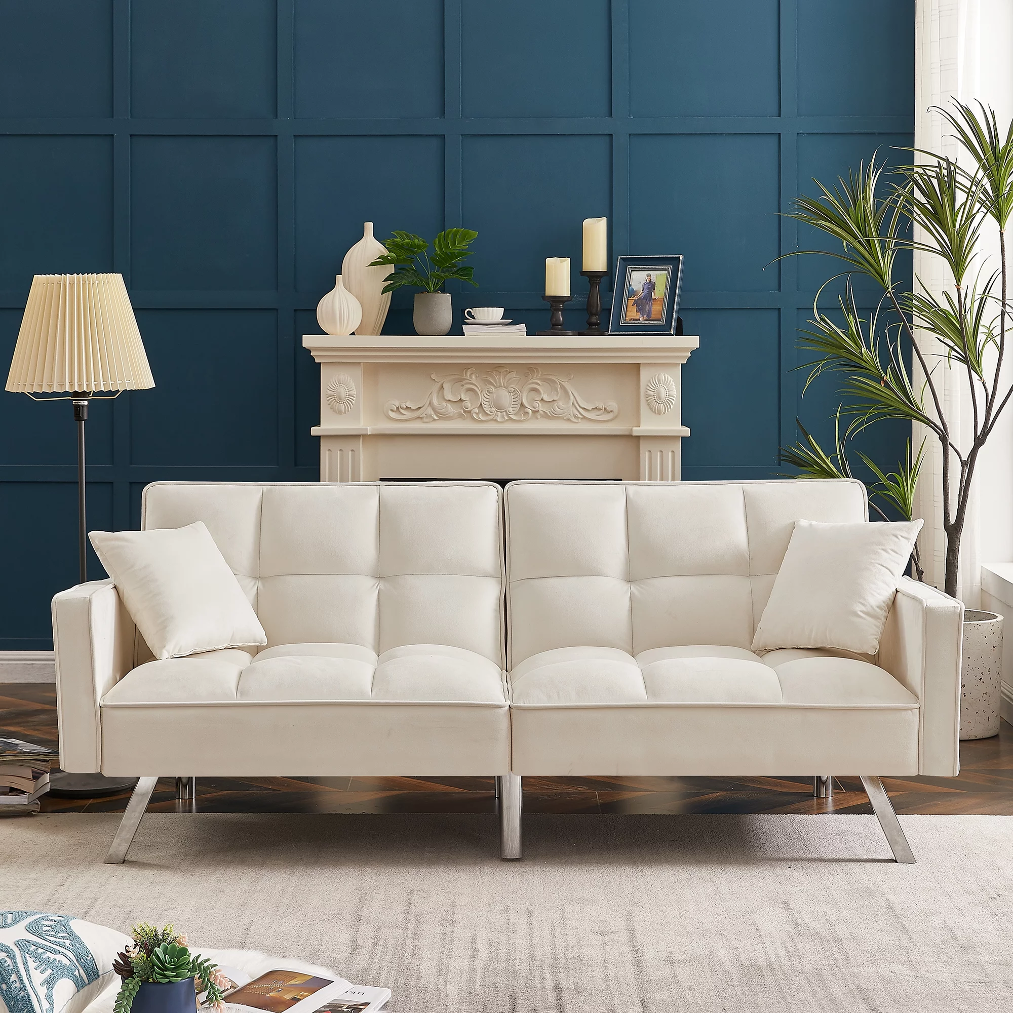 Abanopi Modern Sofa Couch Bed with Armrests and 2 Pillows for Living Room and Bedroom .(White)