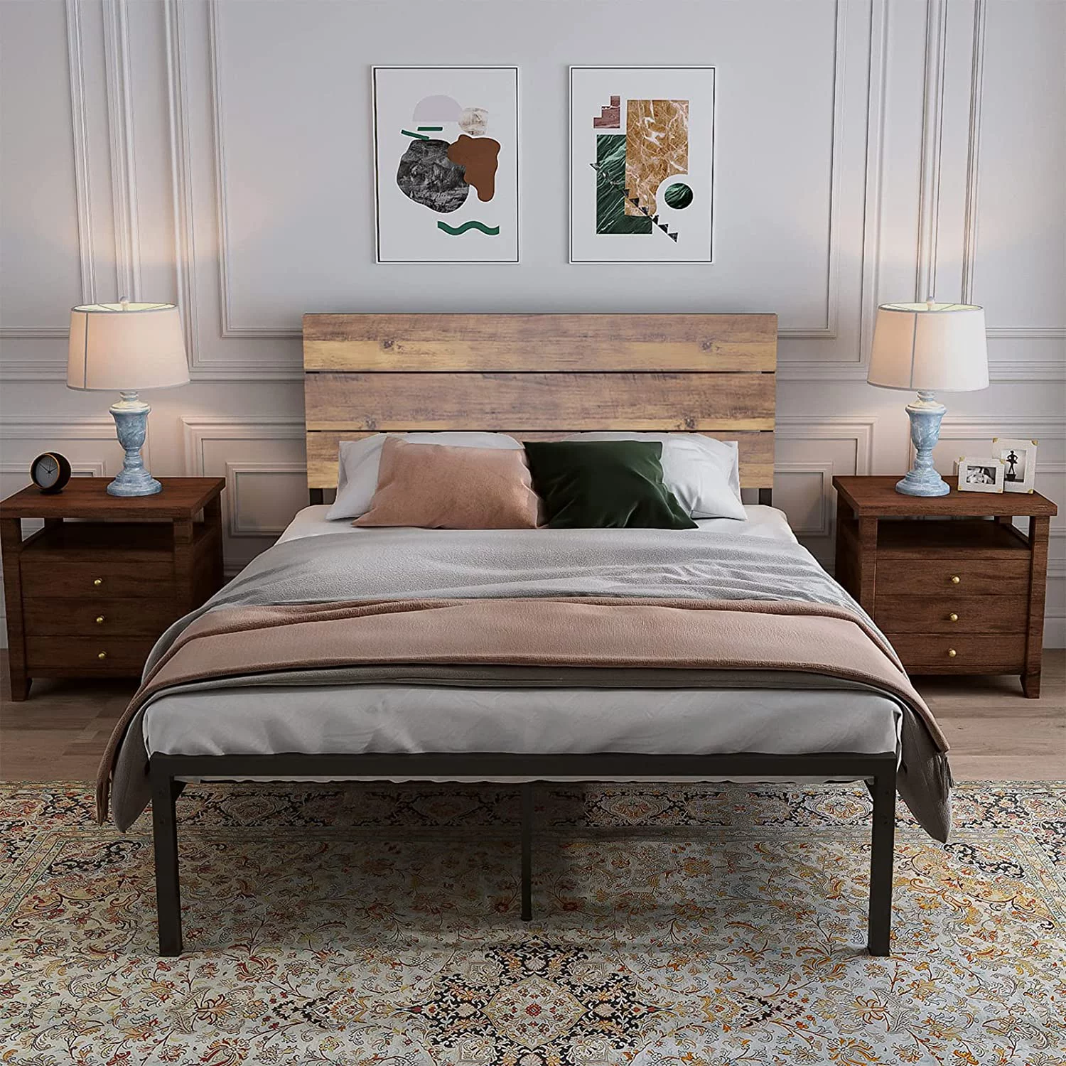 Queen Size Bed Frame - Metal Wood Complete Bed Platform with White Wooden Tall Headboard and Low Footboard  Queen-Size Simple Modern Mattress Base Foundation in Gold