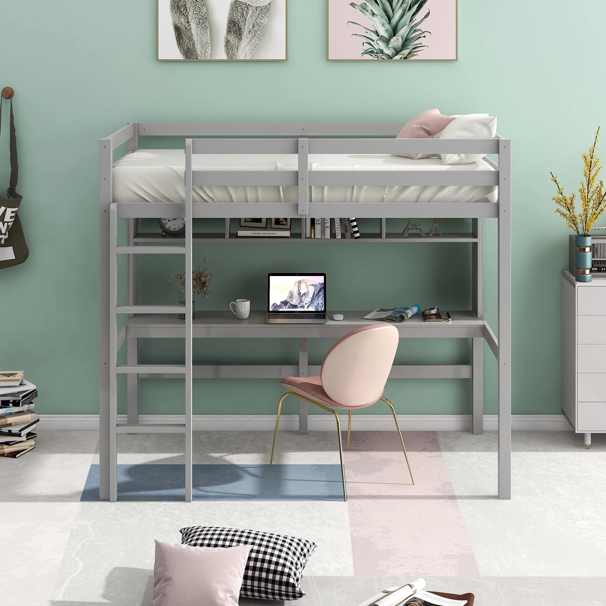 ikayaa Twin Size Loft Bed with Convenient Desk, Shelves, and Ladder, White