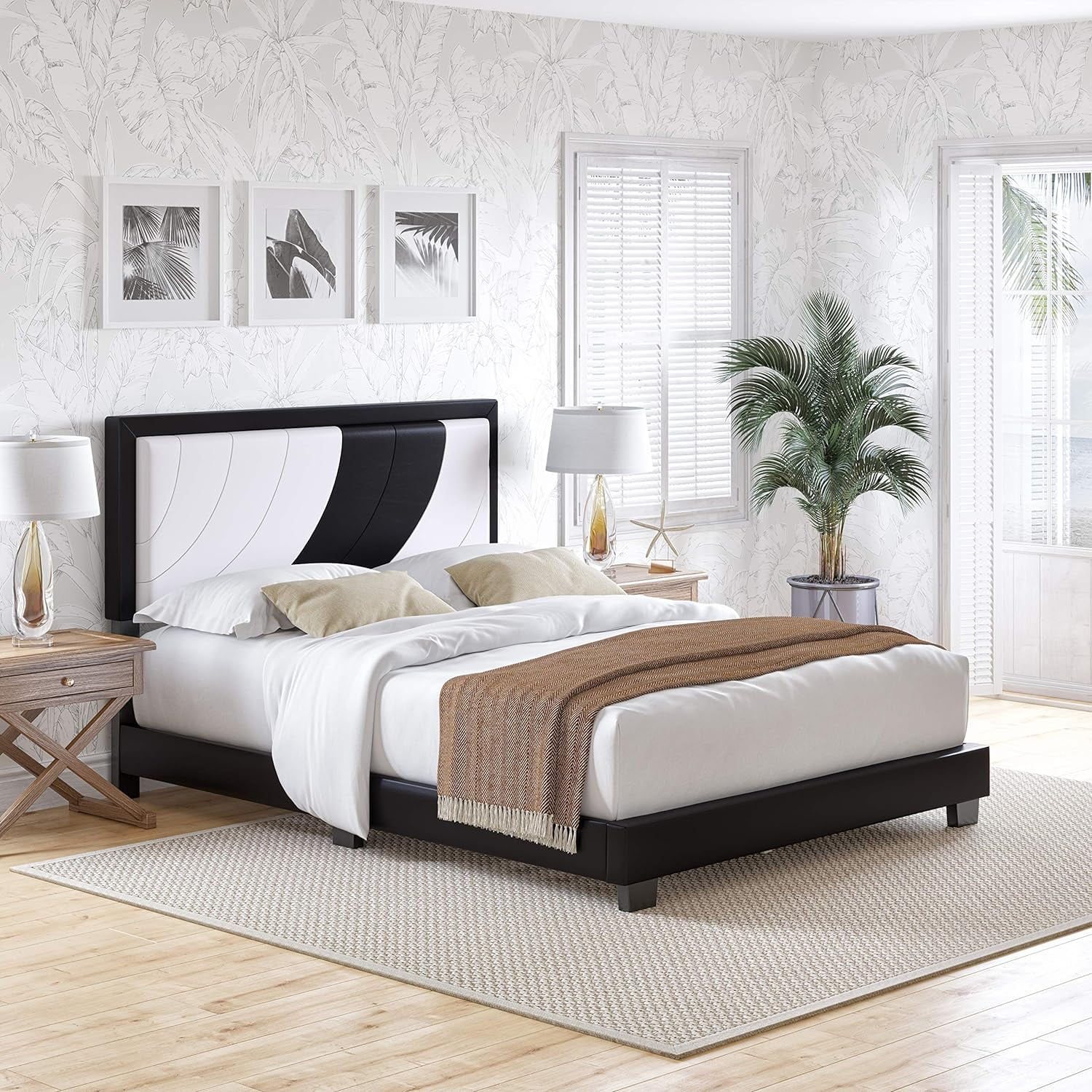 Bree Upholstered Platform Bed With Headboard And Durable Mattress Foundation With Strong 14 Wood Slat Supports, No Boxspring Required: Queen, White/Black