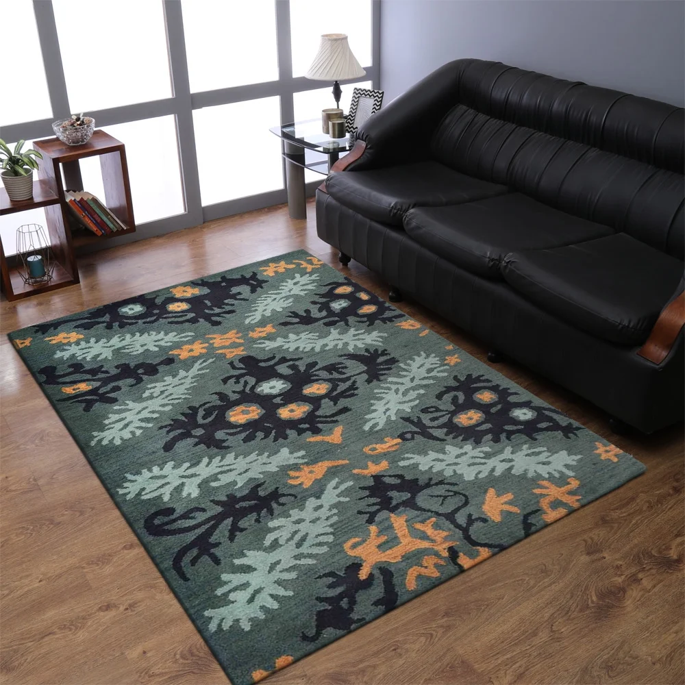 Rugsotic Carpets Hand Tufted, Floral Wool Floor Area Rug For Living Room Bedroom, Black,Green, 6'x9'