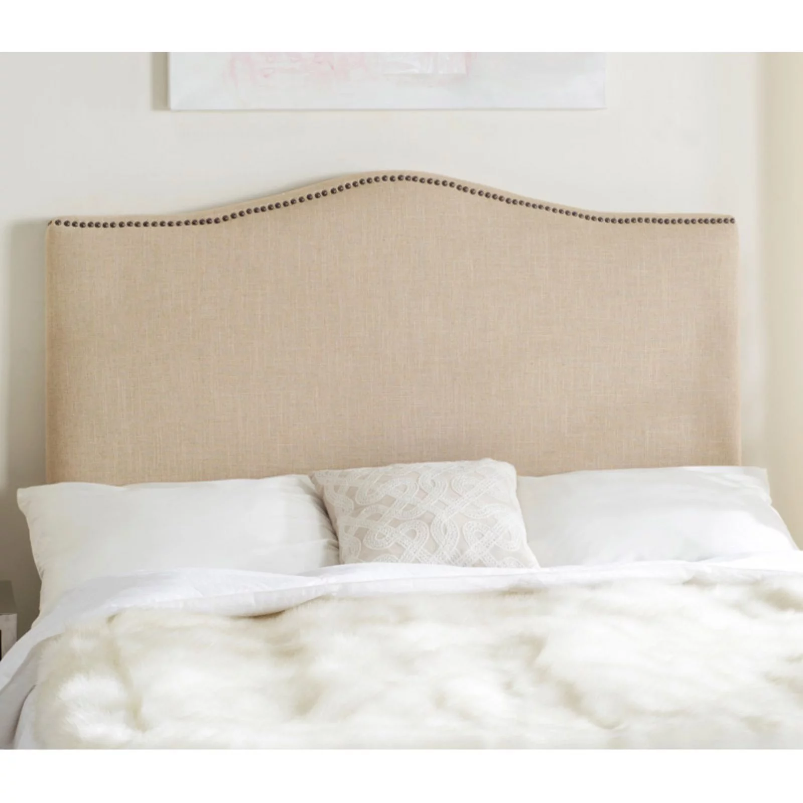 SAFAVIEH Jeneve Linen Headboard Silver Nail Head Off White King