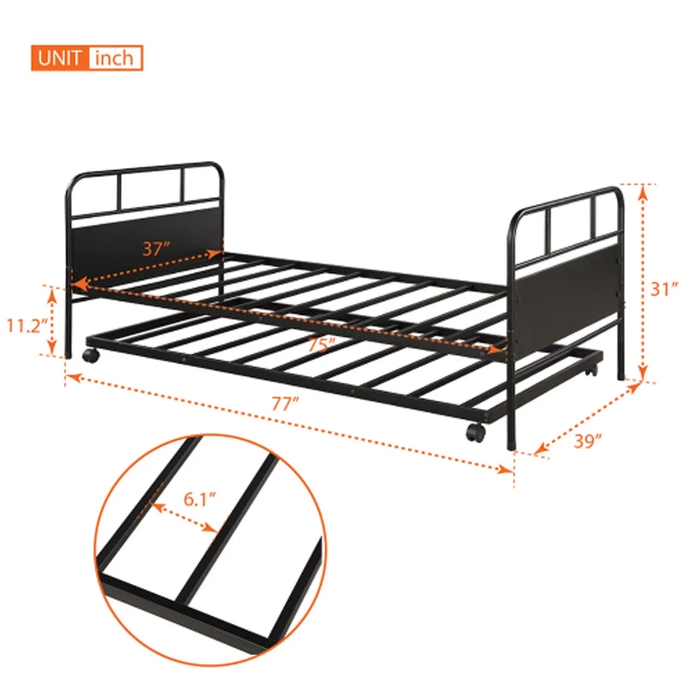 Daybed Platform Bed Frame with Trundle Built-in Casters, Twin Size - Black
