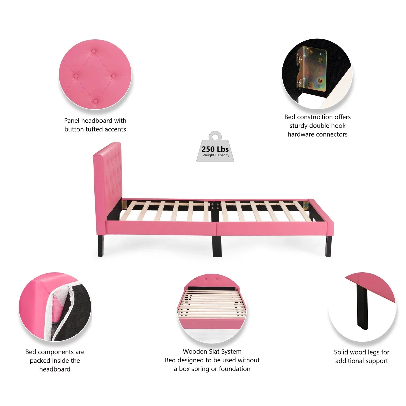 Modern Pink Faux Leather Tufted Twin Platform Bed