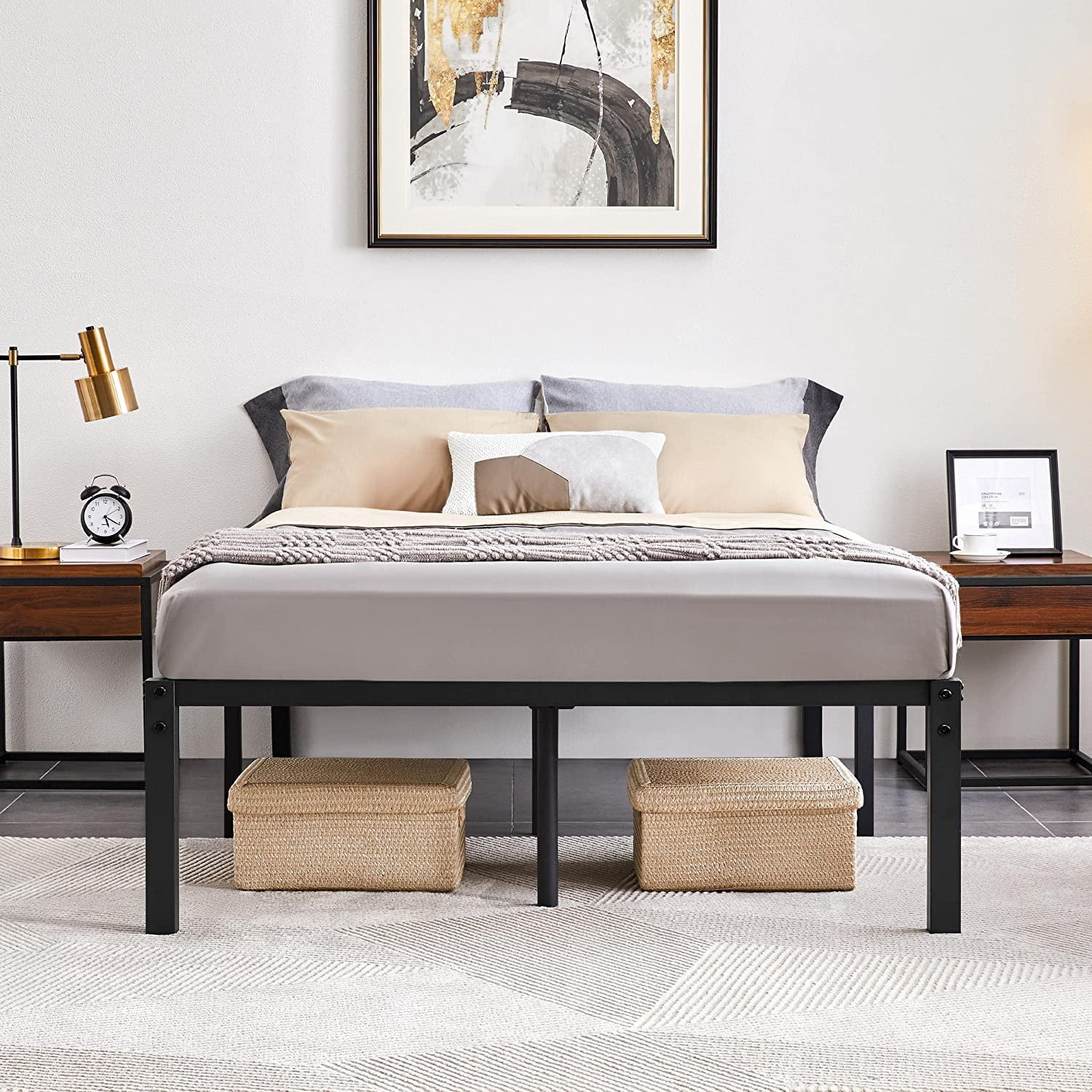 16 inch Full Bed Frame, Metal Platform Bed with Steel Slat Support& Reserved Holes for DIY Headboard, Larger Storage Space/Non-Slip/No Box Spring Needed/Tool-Free Assembly, Black