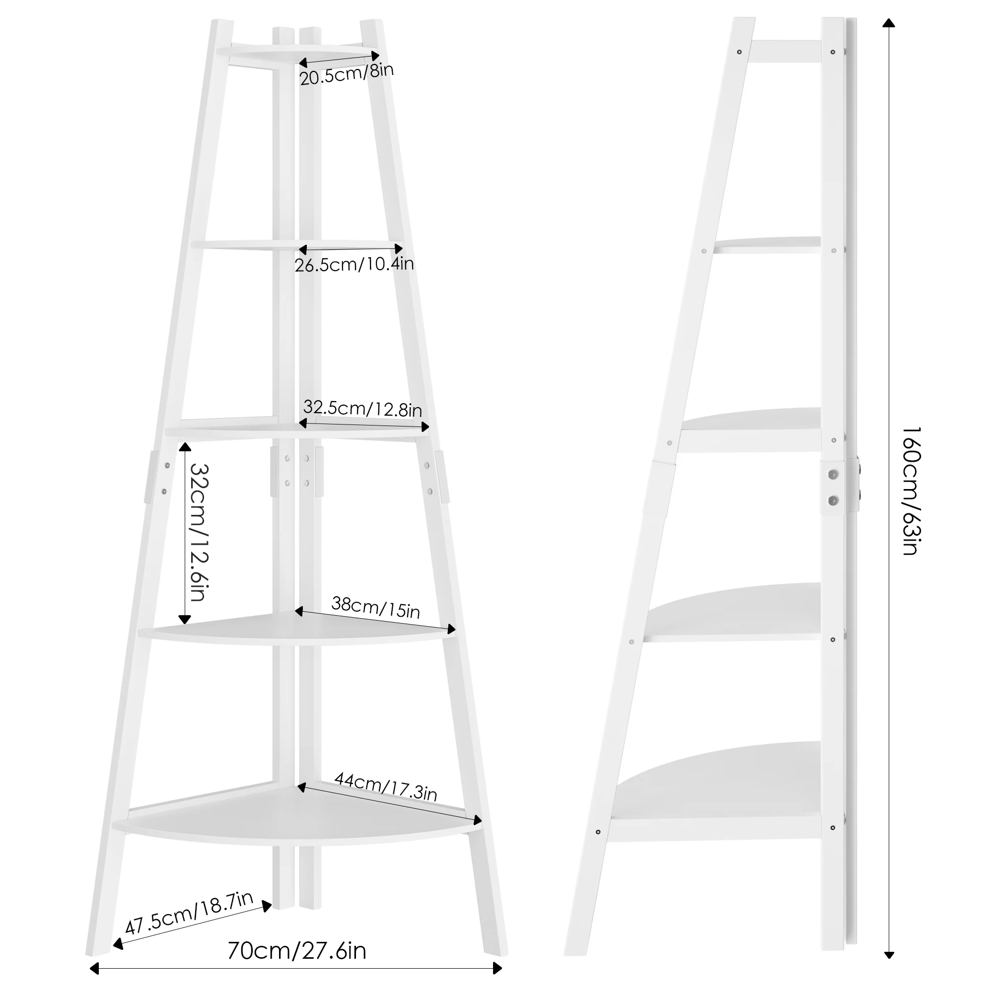 Homfa Industrial Corner Ladder Shelf, 5-tier Bookcase Display Organizer Plant Flower Stand Storage Rack for Living Room Home Office, White
