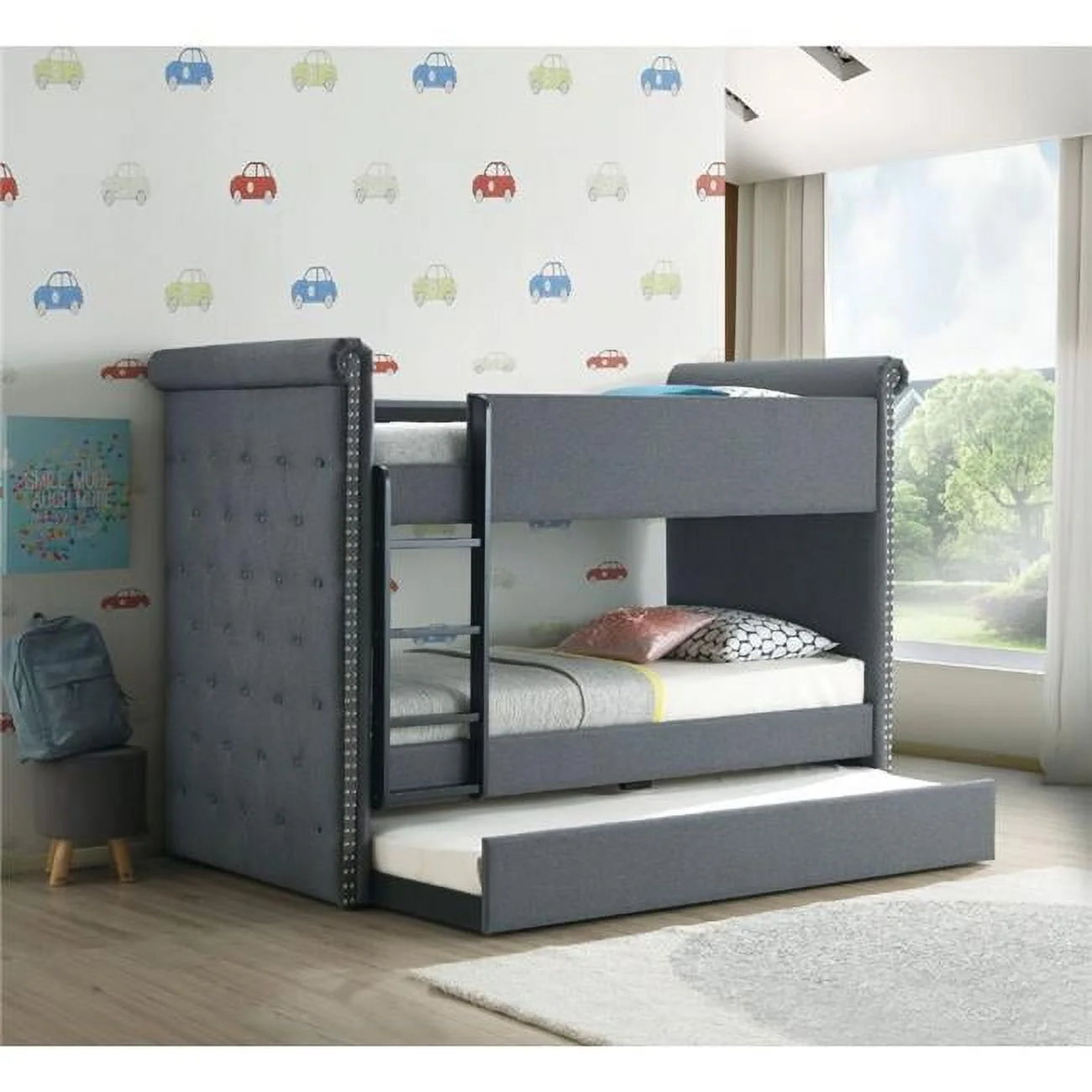 88 x 43 x 65 in. Romana II Bunk Bed & Trundle, Gray Fabric - Twin Size
