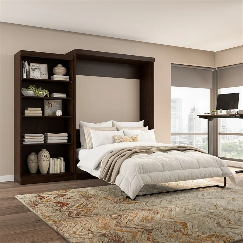Bestar Pur Engineered Wood Queen Murphy Bed with Closet Organizer in Chocolate