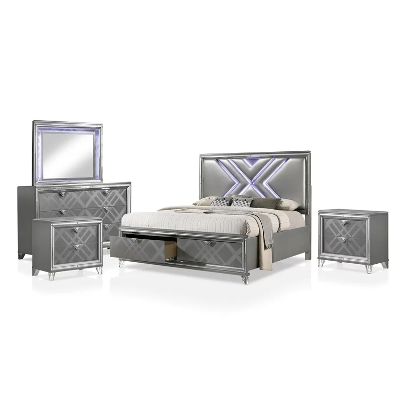 FOA Anaiya 5pc Silver Wood Bed Set - Queen + 2 Nightstands + Dresser + Mirror