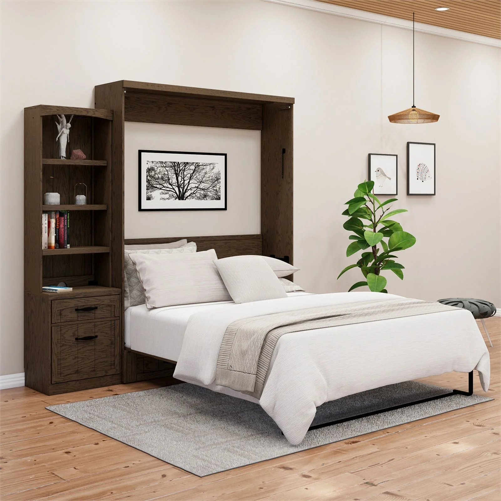 Pemberly Row Cape Cod Solid Wood Queen Size Murphy Bed in Brown