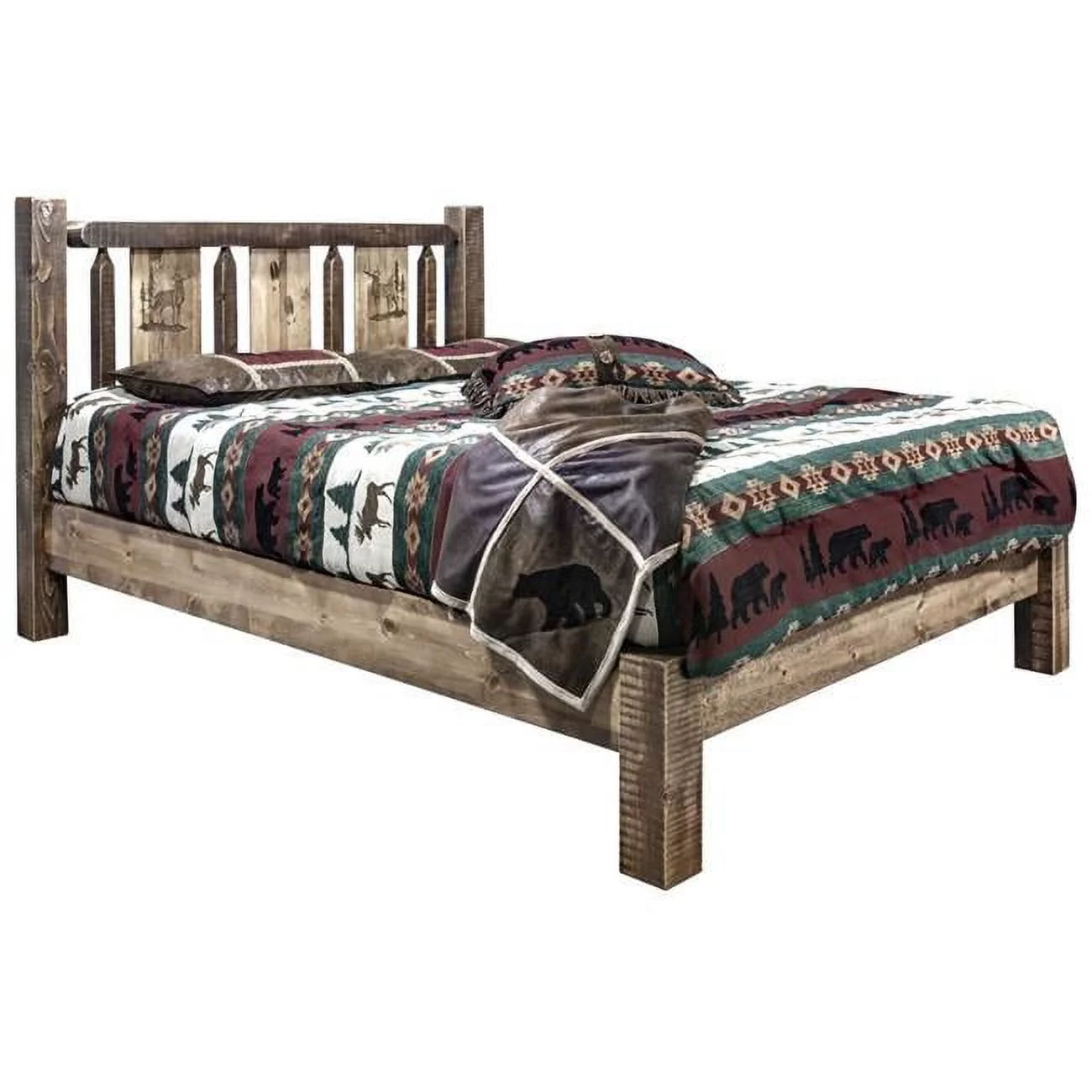Homestead Platform Bed with Laser Engraved Elk Design, Stain & Clear Lacquer Finish - Full Size