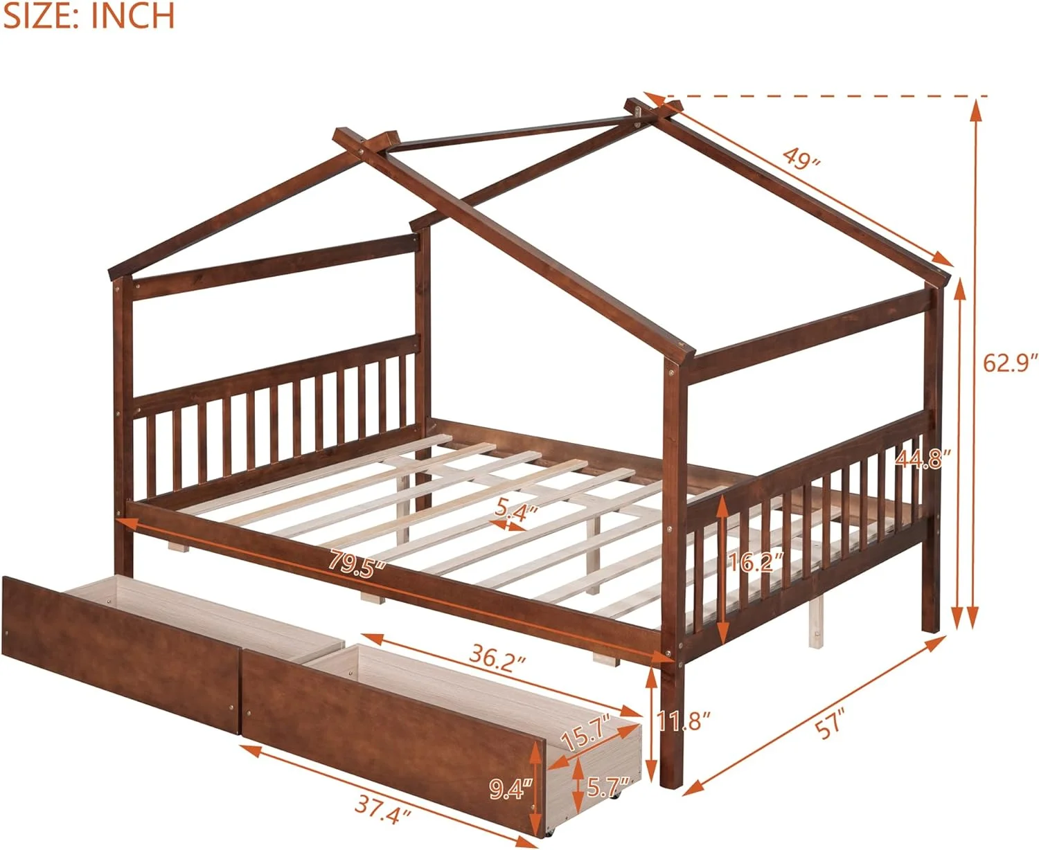 Full Size House Bed With Drawers, Wooden Full Platform Bed Frame With Headboard And Footboard, Roof Design, For Guest Room/Living Room, Walnut
