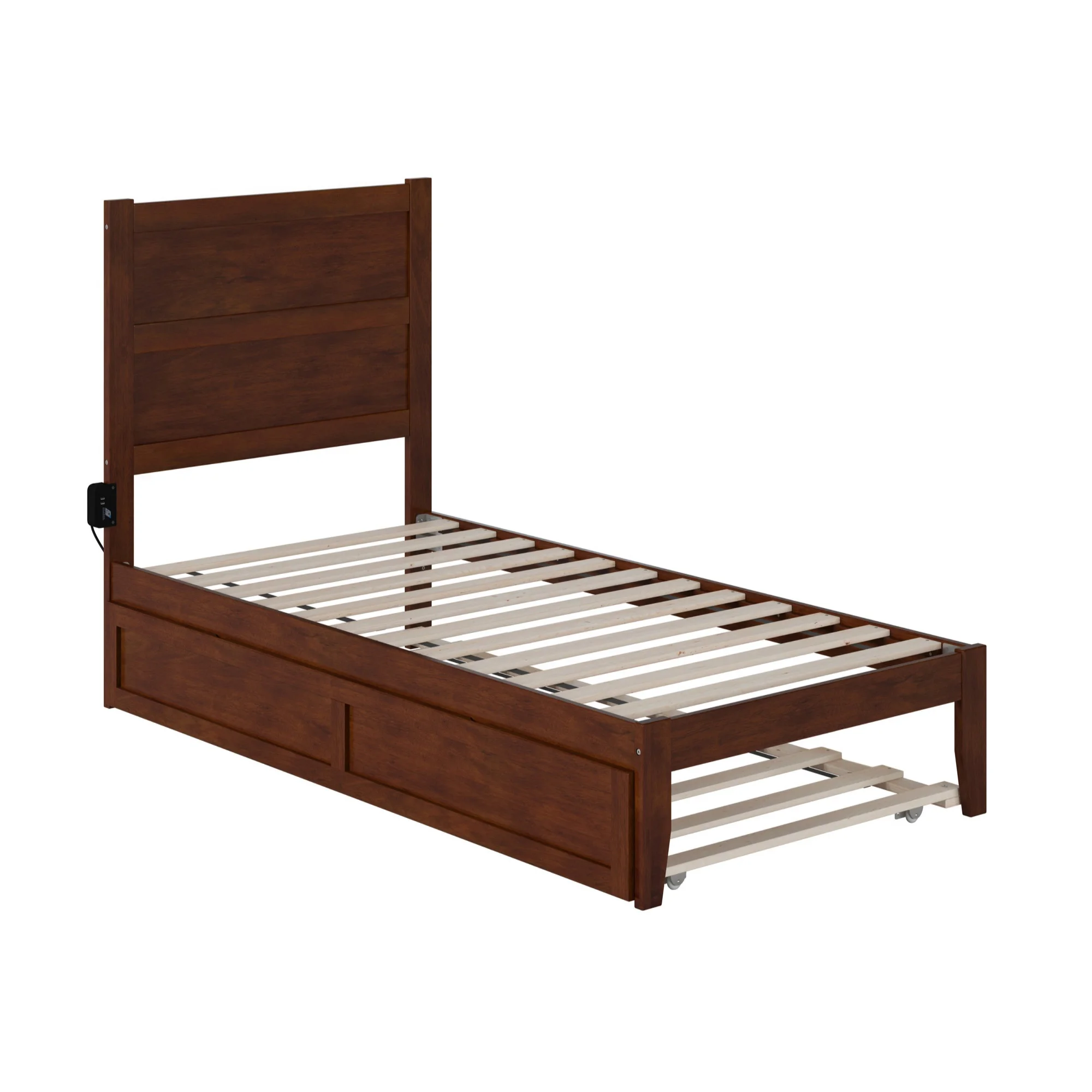 AFI NoHo Modern Wood Twin Bed with Twin Trundle with USB Charger in Walnut
