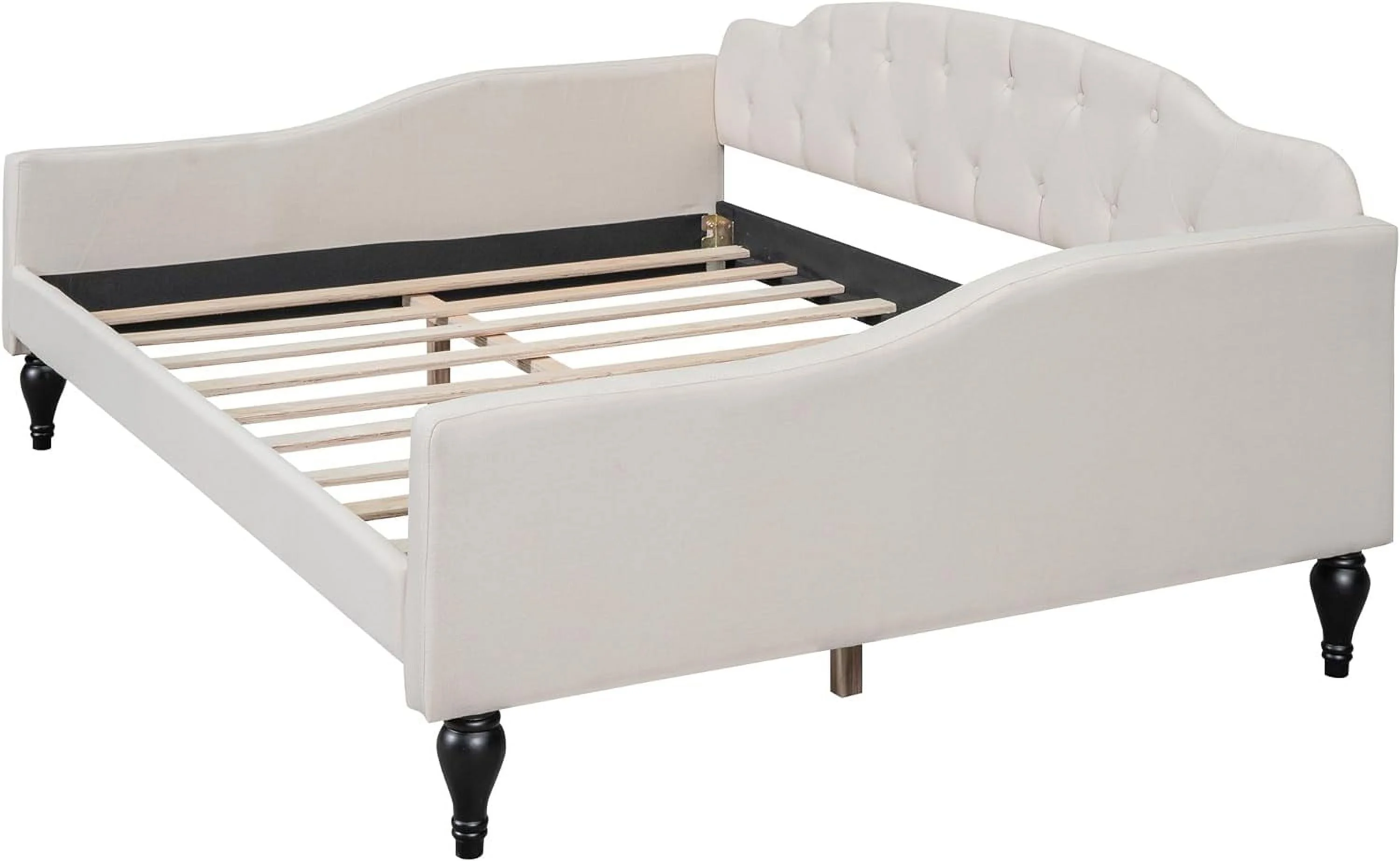 Full Size Upholstered Tufted Daybed with Twin Size Trundle,Linen Upholstered Sofa Bed with Armrest and Wood Slat Support for Living Room Bedroom,No Box Spring Needed