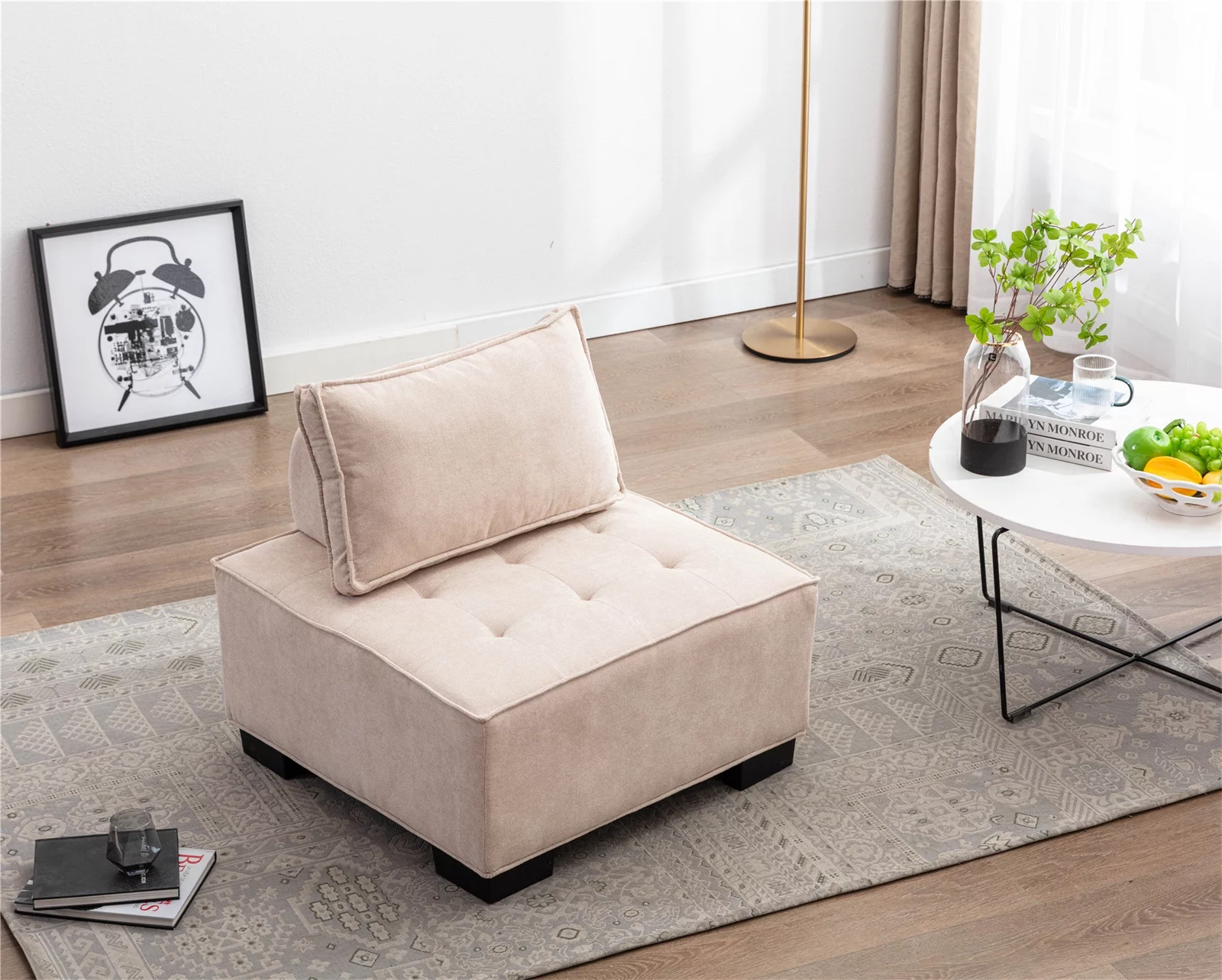 Williamspace Accent Sofa Chair,Upholstered Leisure Lazy Chair,Modern Square Floor Sofa Single Couch with Removable Pillow for Living Room Bedroom,Beige