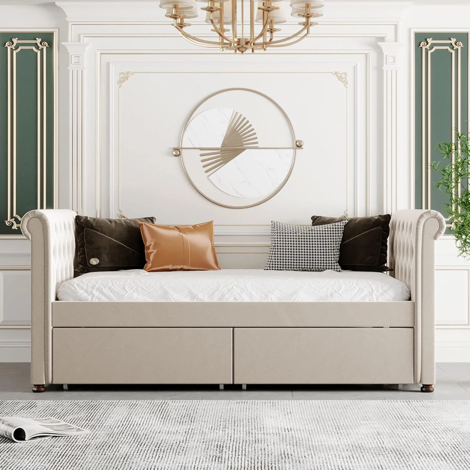 Upholstered Daybed With Storage, Wood Daybed Frame With 2 Drawers Udereath, Tufted Sofa Bed With Wood Slat Support For Bedroom,Livig Room,Beige