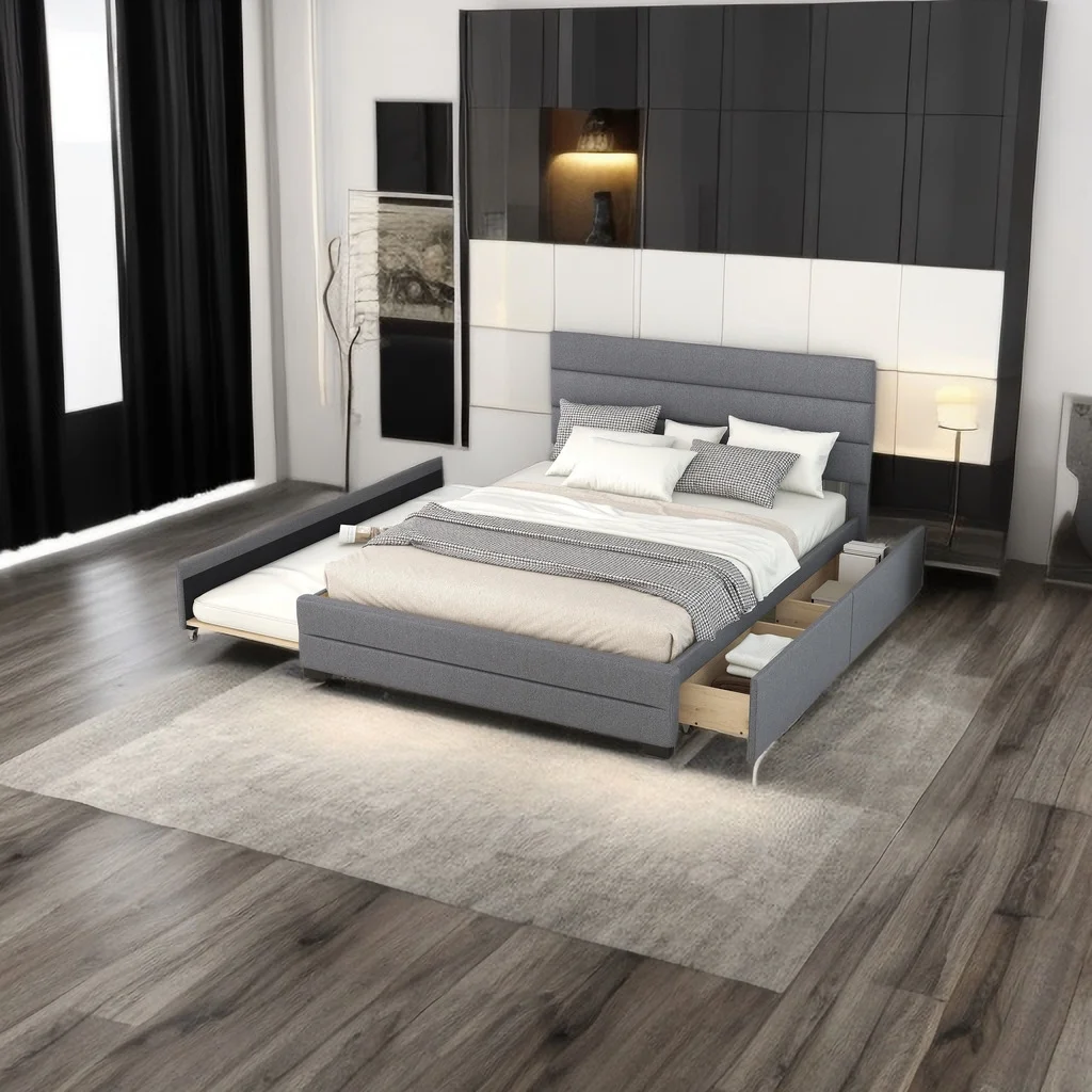 Modern Linen Upholstered Platform Bed with Trundle and 2 Drawers, Queen Size Platform Bed, Wooden Slats Support, No Box Spring Needed