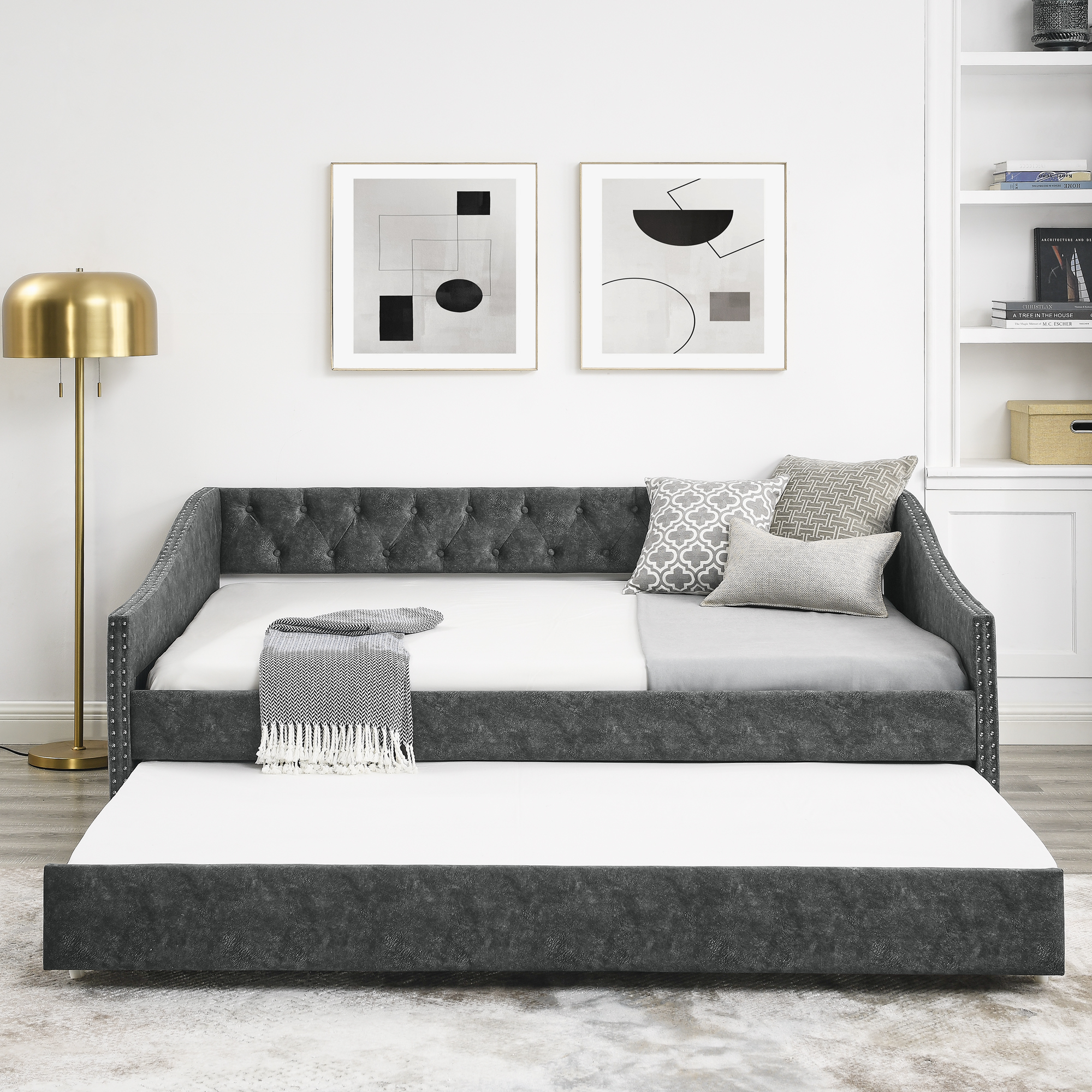 Ufurpie Upholstered Full Size Daybed with Twin Size Trundle,Wooden Sofa Bed Frame with Button Tufted Backrest and Waved Shape Armrests with Nail,Gray
