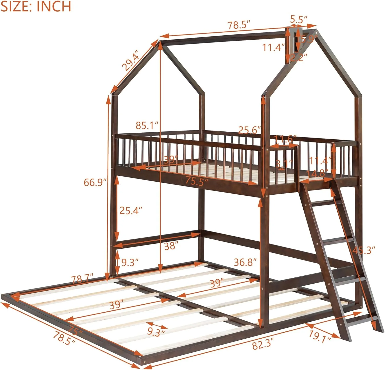 Over Bunk Bed For Kids, House Bunk Beds With Extending Trundle And Ladder, Wood Bunk Beds For Girls Boys, Espresso