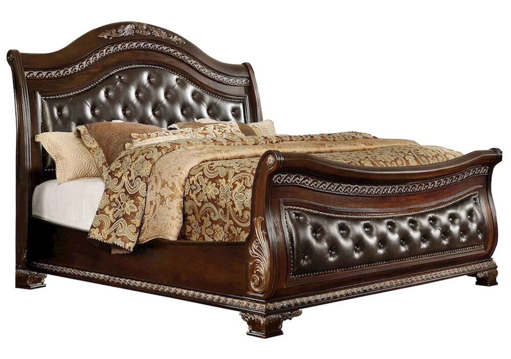 Cherry Carved Wood Sleigh Queen Bedroom Set 4 McFerran B9588 Classic Traditional