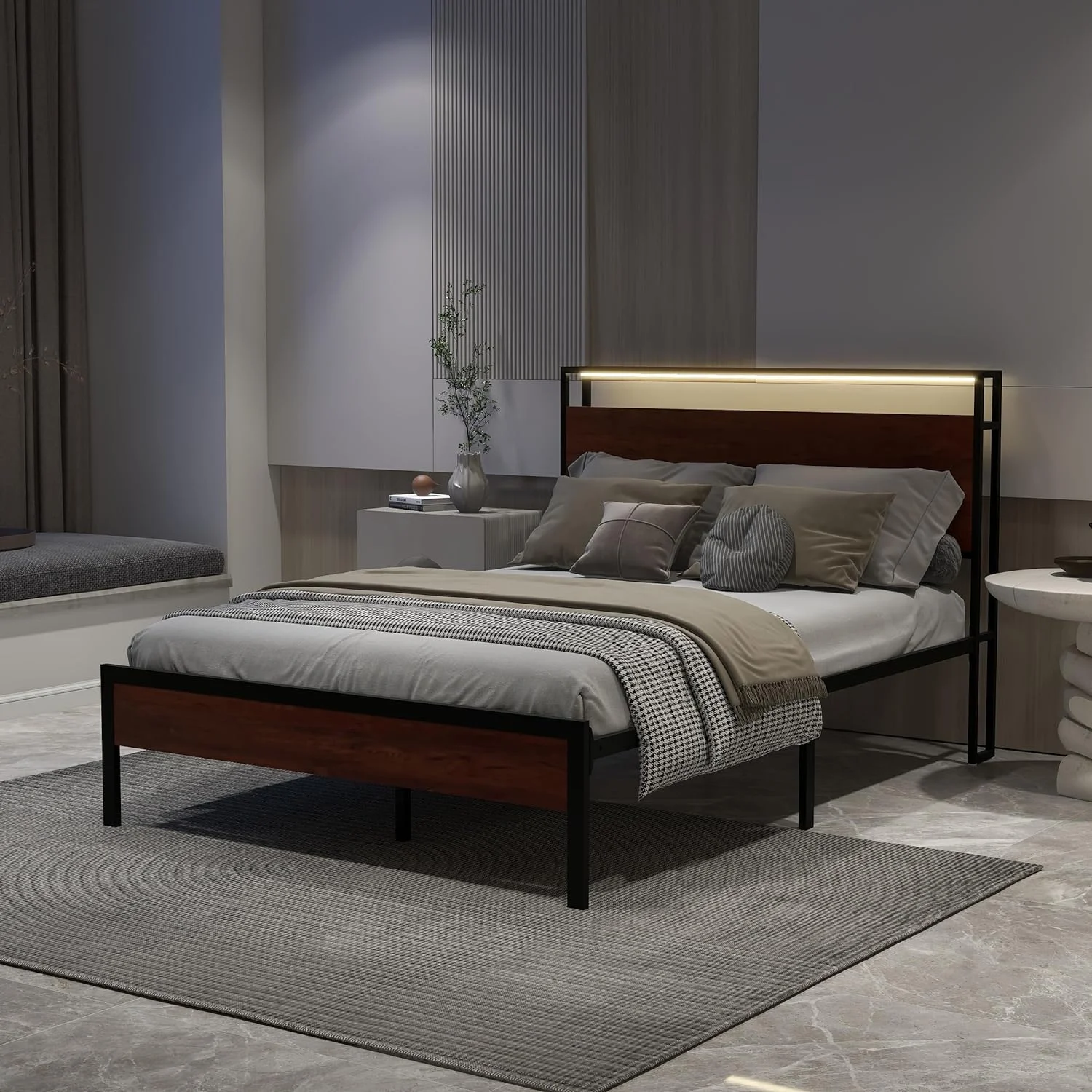 NNV Full Size Metal Platform Bed Frame with USB Ports, LED Lights Storage Headboard for Adults, Mahogany