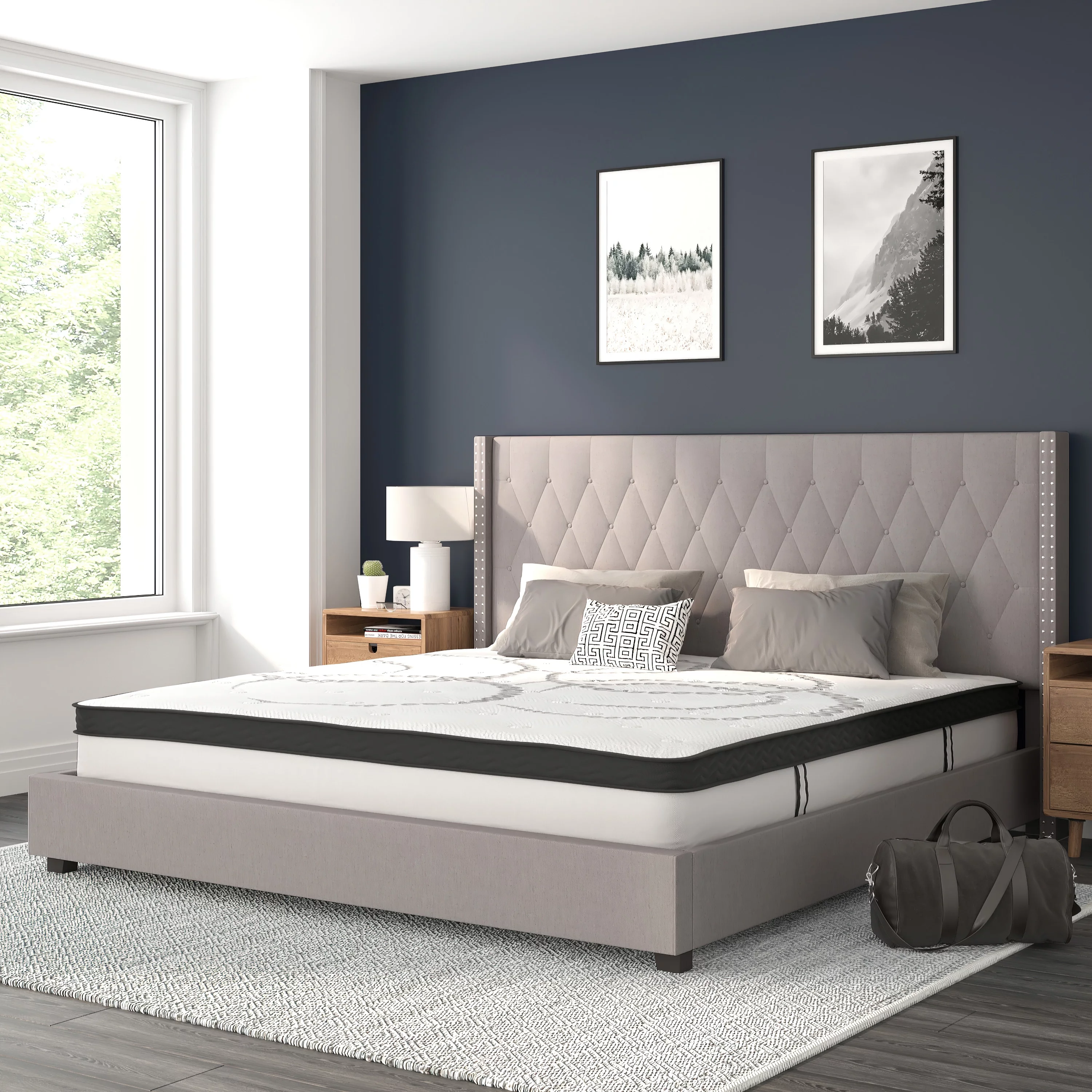 BizChair Riverdale King Size Tufted Upholstered Platform Bed in Light Gray Fabric with 10 Inch CertiPUR-US Certified Pocket Spring Mattress