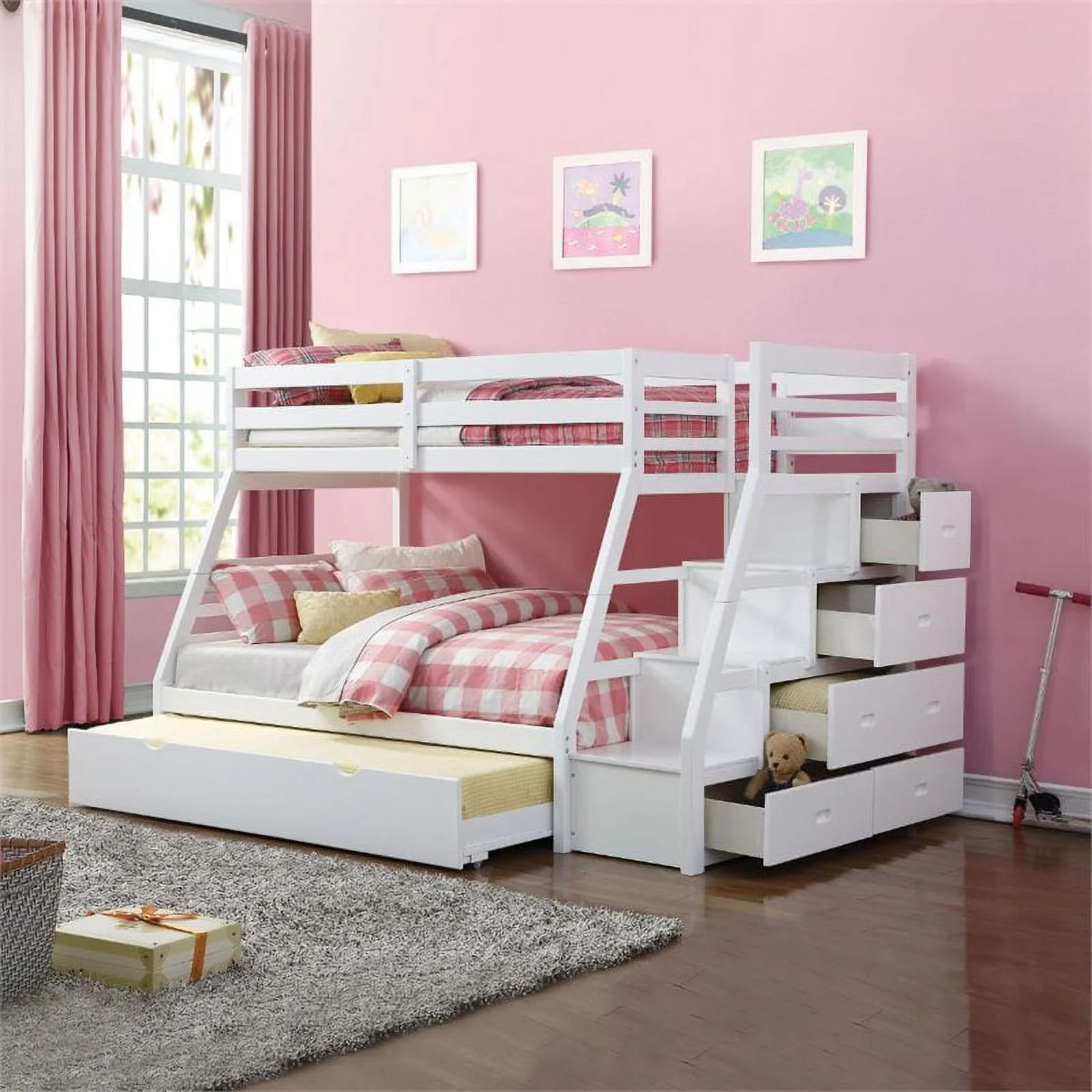 Roseberry Kids Contemporary Wood Twin over Full Bunk Bed w/ Ladder in White