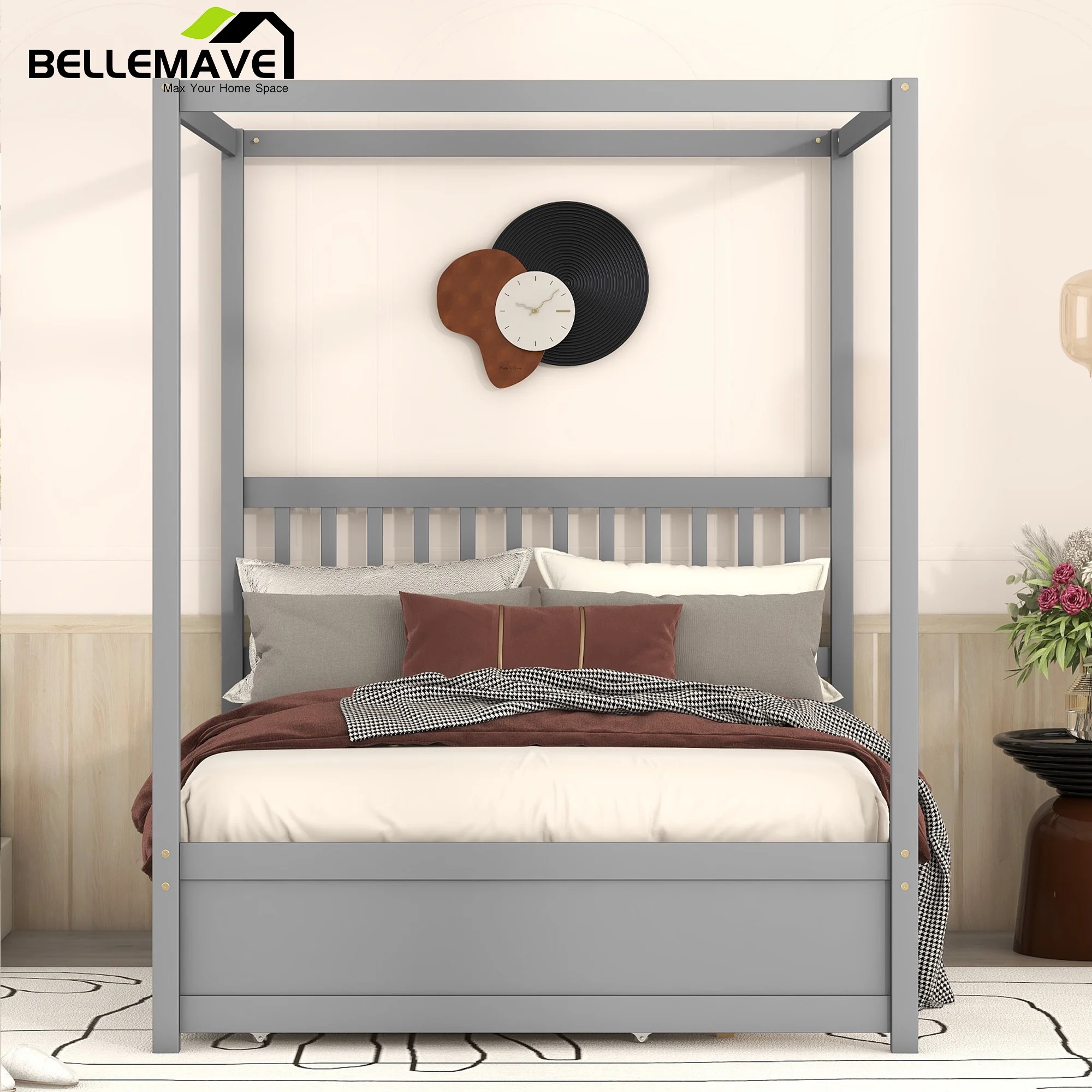 Bellemave Full Size Wood Canopy Bed Frame with Trundle Modern Full Platform bed with Headboard and Wooden Slats Sturdy Wood Four-poster Bed, No Box Spring Needed, Gray