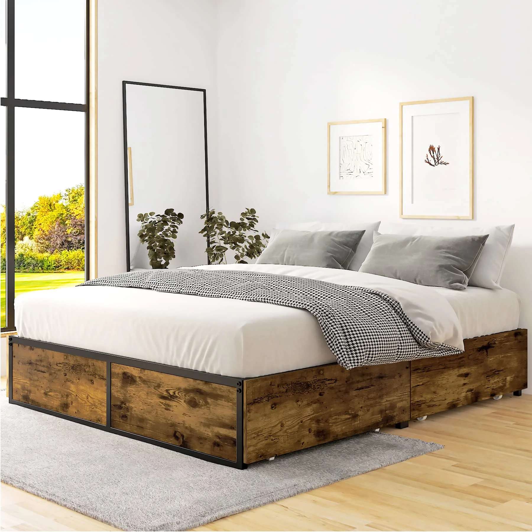 Einfach Full Platform Bed Frame with 4 XL Storage Drawers and Footboard, Unique Design, Brown