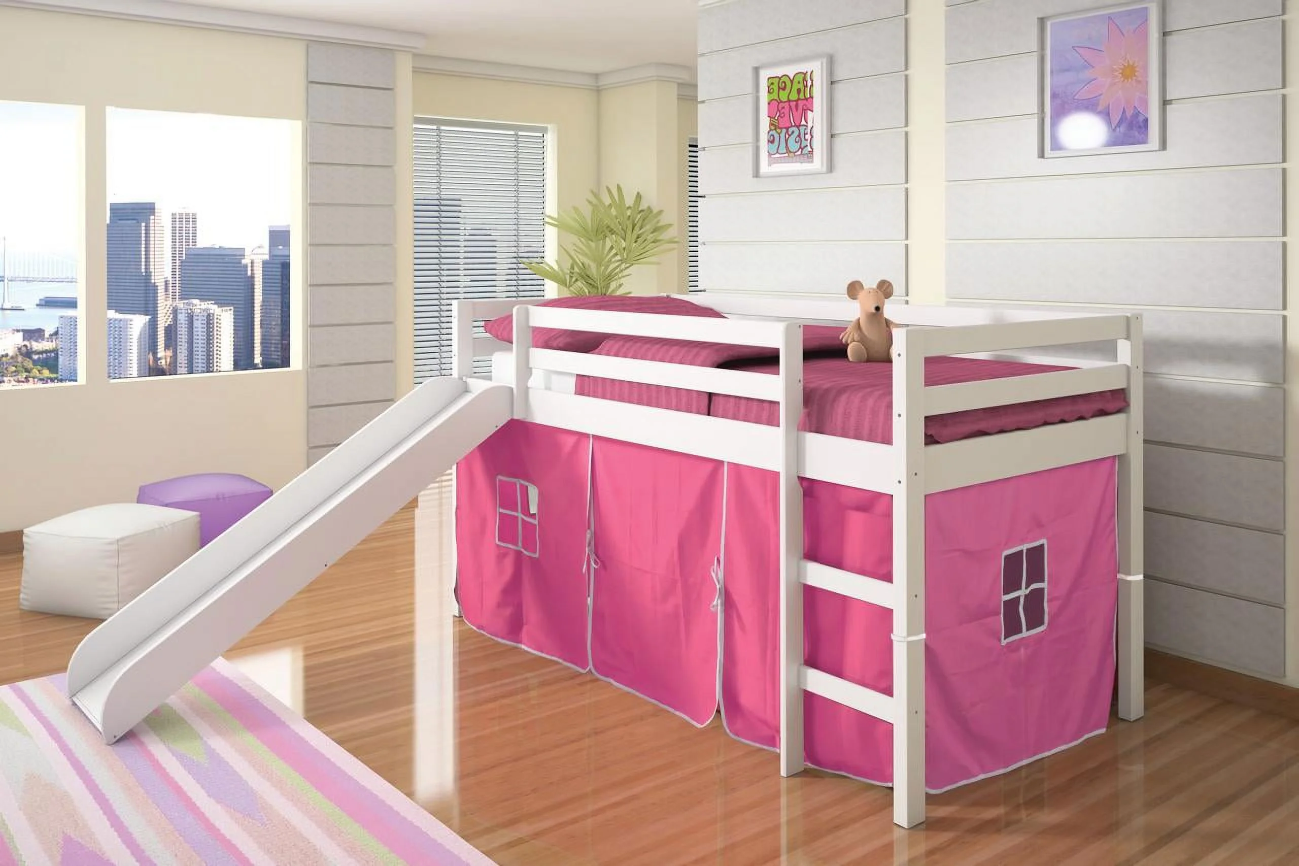 Donco Kids Twin Loft Bed with Pink Tent and Slide, White