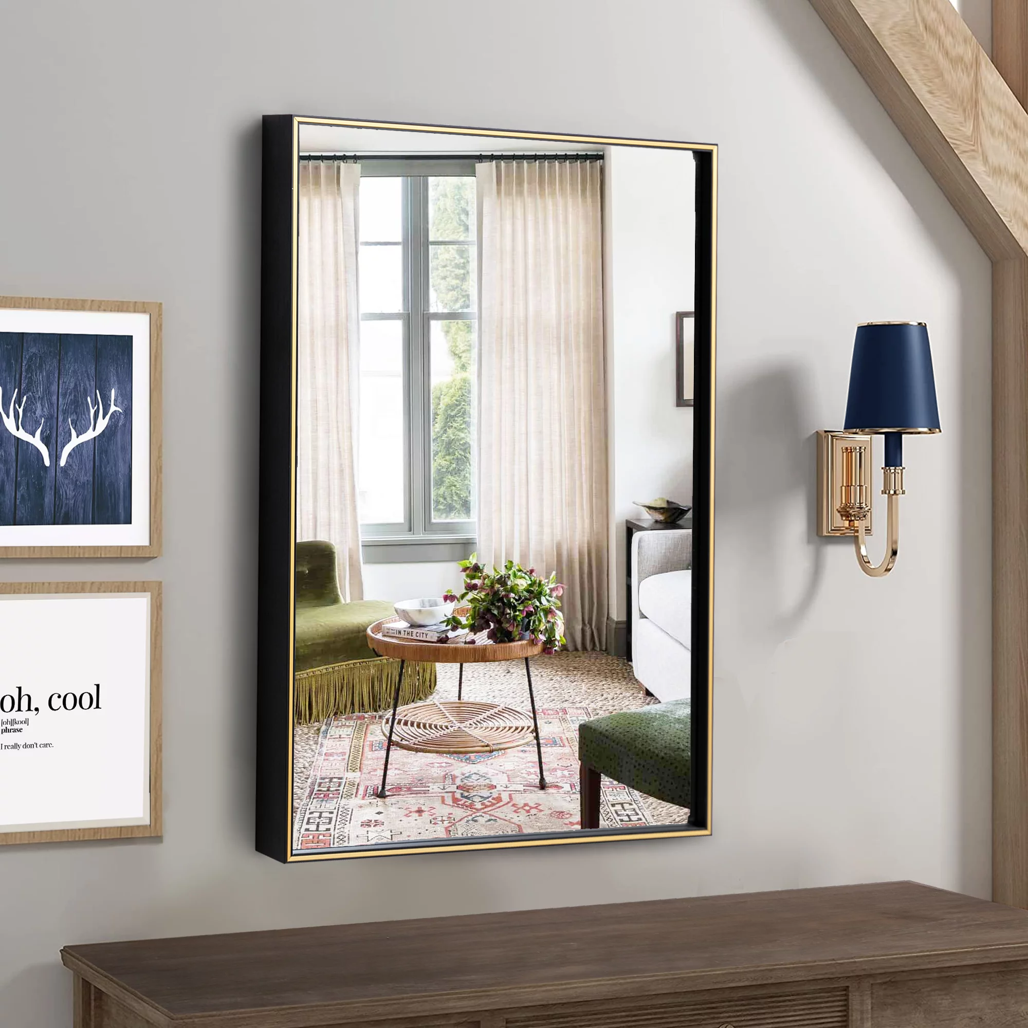 28 Inch Beveled Metal Frame Rectangular Wall Mirror, Black, Gold Accent