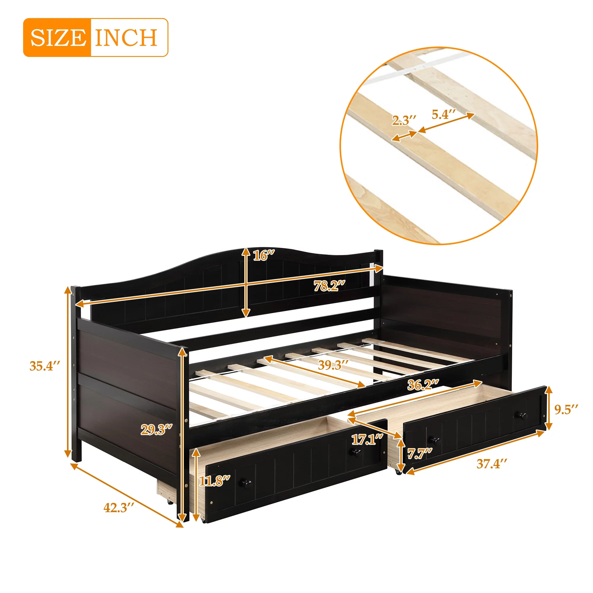 Espresso Twin Wooden Daybed with 2 drawers, Sofa Bed for Bedroom Living Room,No Box Spring Needed