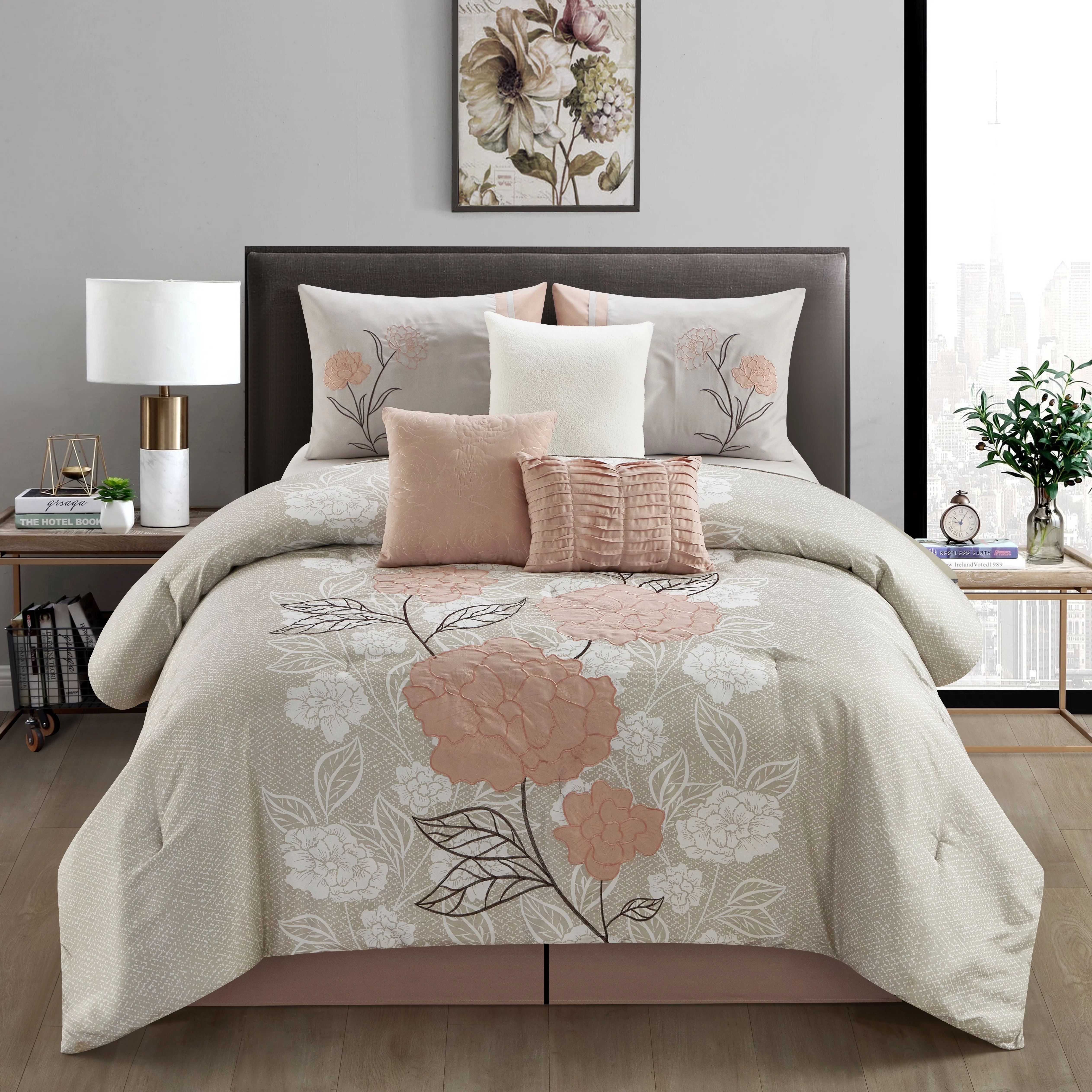 Lanco Anemone Floral 7 Piece Comforter Set Blush, Bed Size California King, Fill Polyester