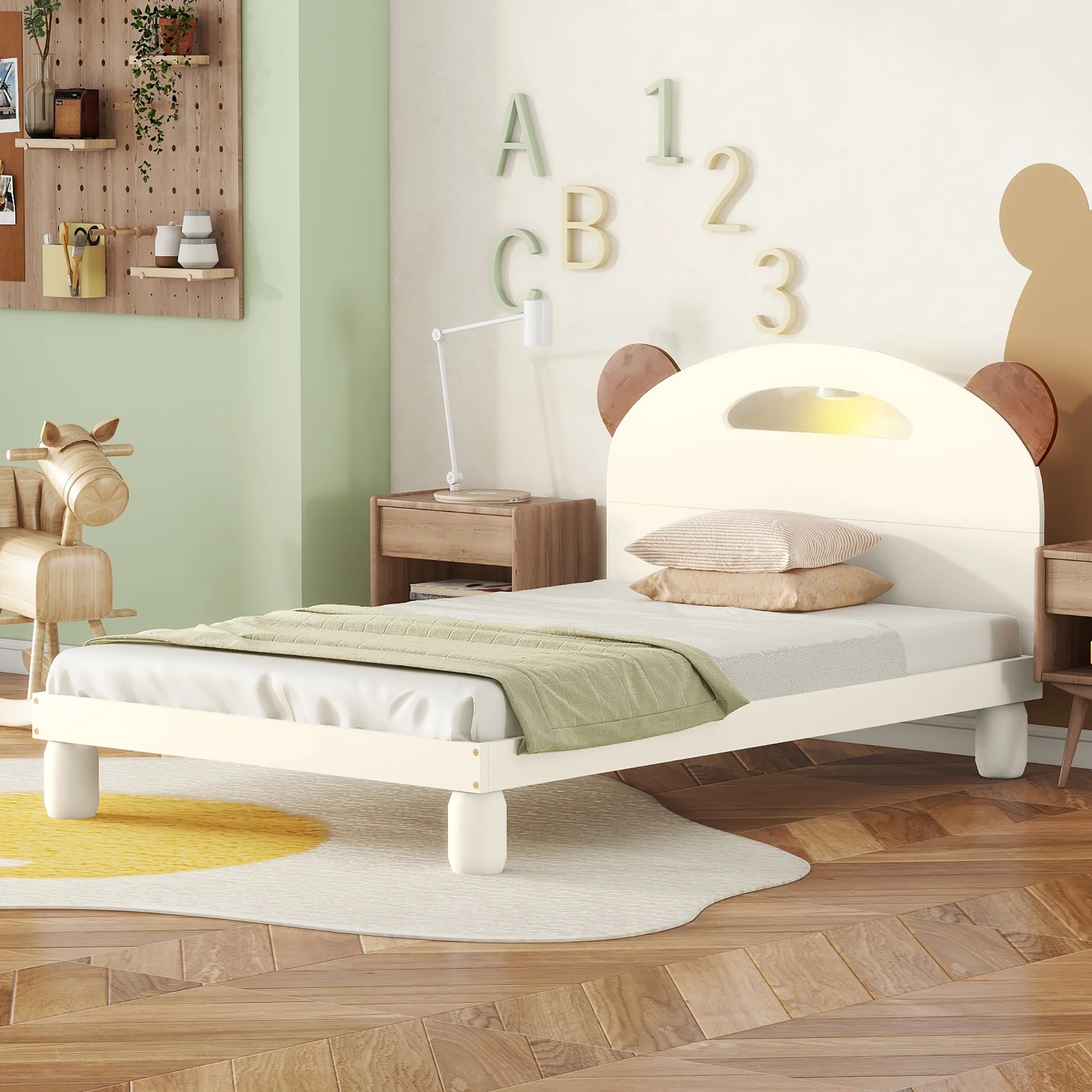 Euroco Wood Twin Size Platform Bed with Night Lamp for Kids Bedroom, Cream White
