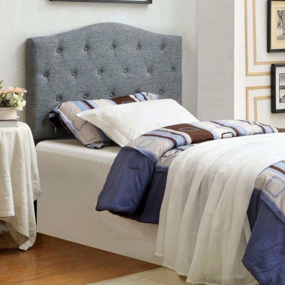 Fabric Camelback Design Full Headboard with Button Tufted Details, Gray- Saltoro Sherpi