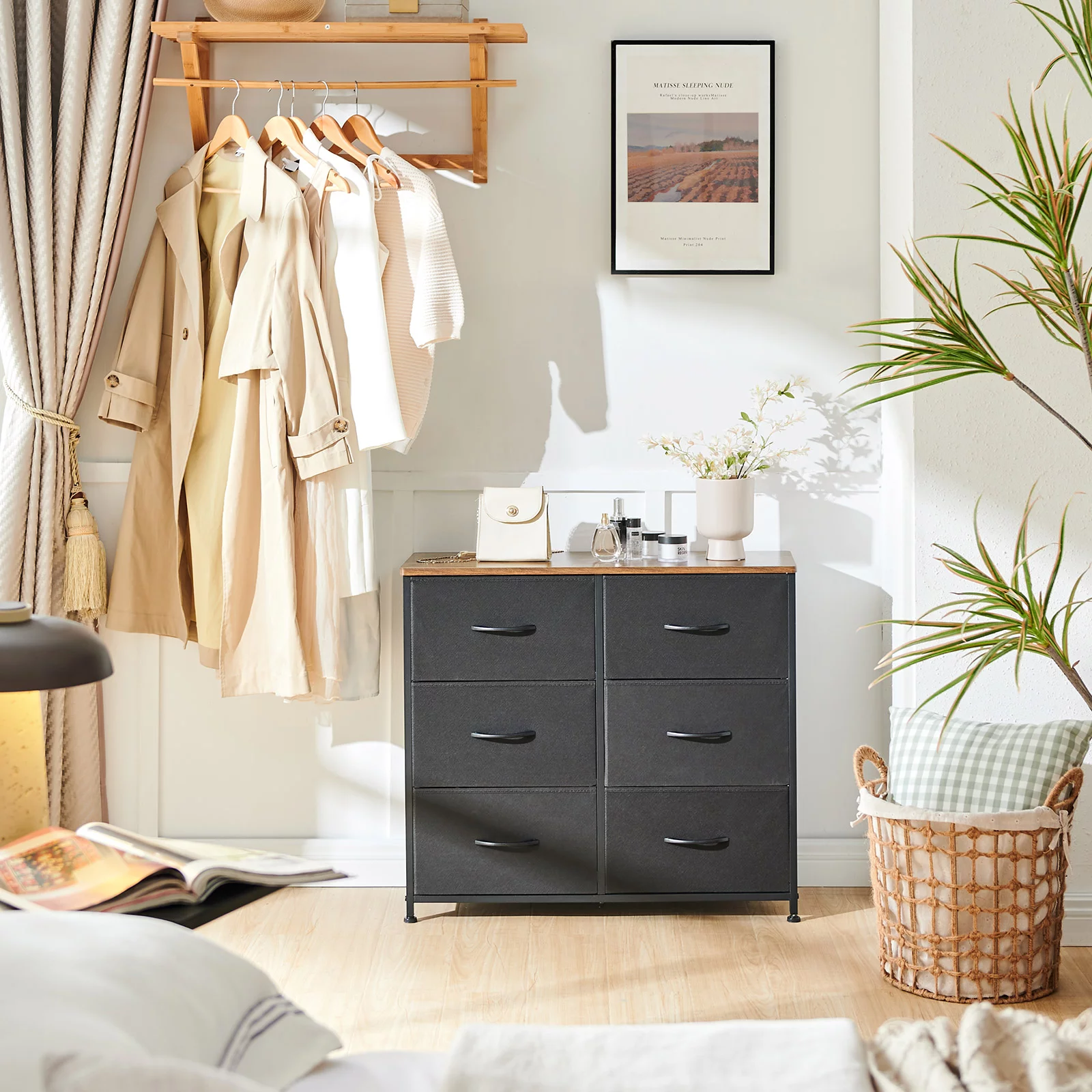 Somdot Wide Dresser for Bedroom with 6 Drawers, 3-Tier Storage Chest of Drawers with Removable Fabric Bins for Closet Nursery Bedside Living Room Laundry Entryway Hallway, Black