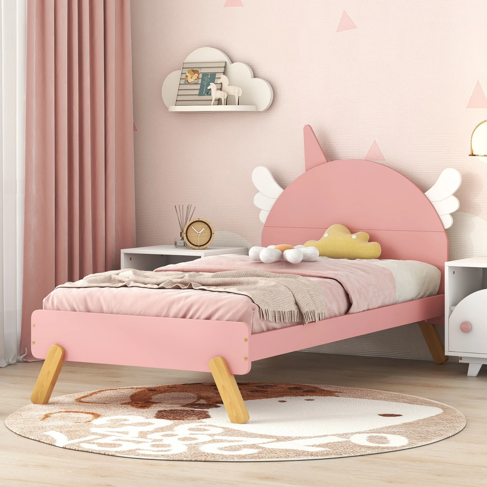Sesslife Twin Bed Frame for Kids, Cute Wood Platform Bed With Unicorn Shape Headboard, Lovely Twin Size Bed with Wooden Slats Support, Single Bed Frame, No Box Spring Needed, Pink