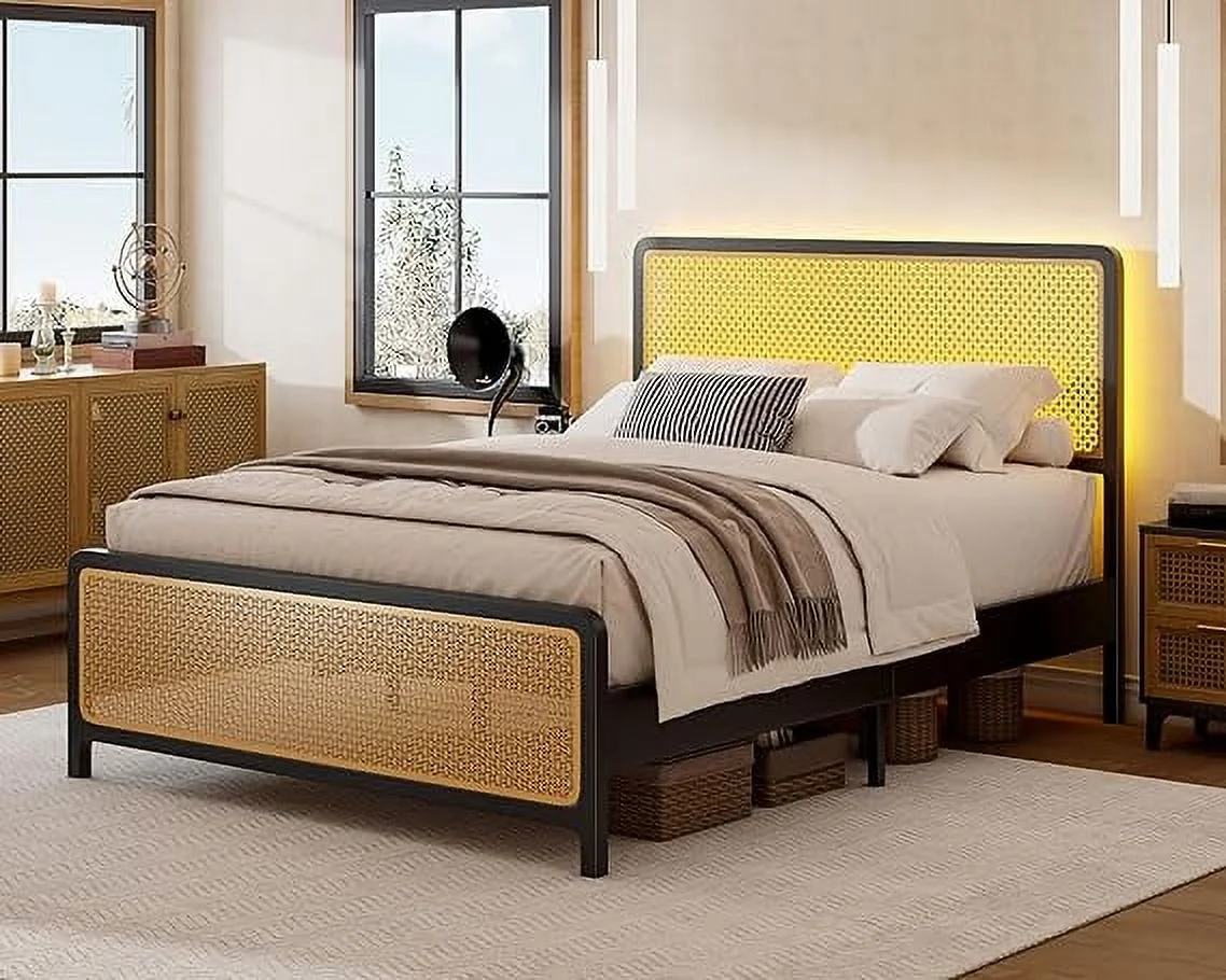 LUXOAK Full Size Bed Frame with Metal Mesh Rattan Headboard/Footboard, Boho Platform Bed with RGBW LED Lights & Strong Metal Slat Support, No Box Spring Needed/Noise-Free/Black