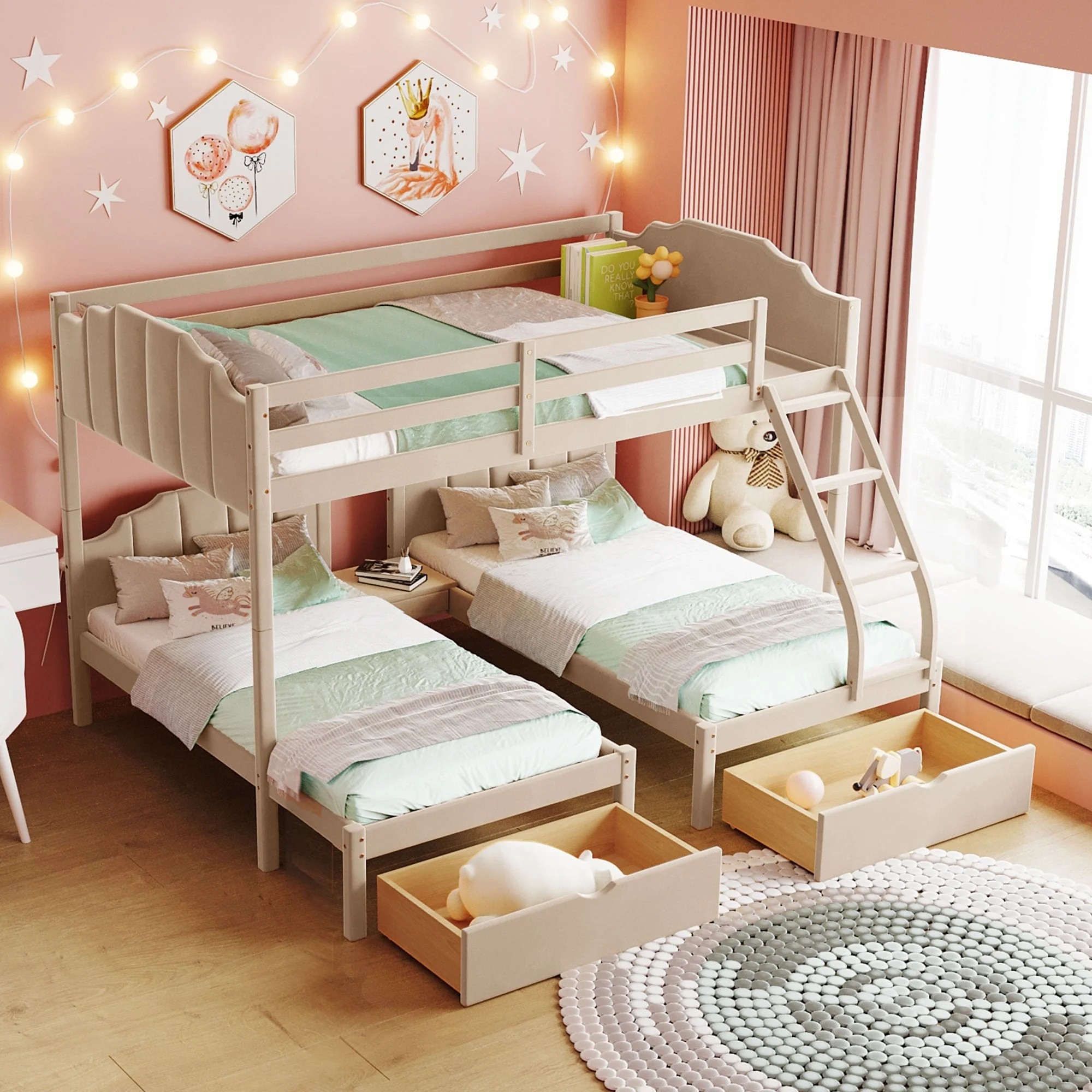 Triple Bunk Bed with Drawers, Full Over Twin & Twin Velvet Bunkbed Frame for 3 Kids Bedroom, Divided into 3 Separate Beds Beige - Full