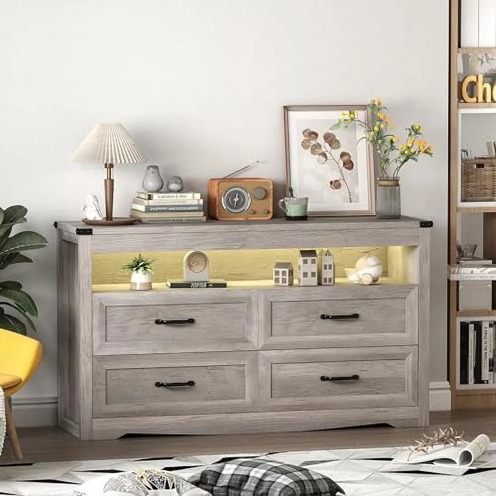 GEROBOOM White Dresser for Bedroom with LED Lights  Modern White Dressers Chest of Drawers Bedroom Wood Dresser Rustic Wide  Drawers Dressers Organizer for Closet  Living Room  Hallway