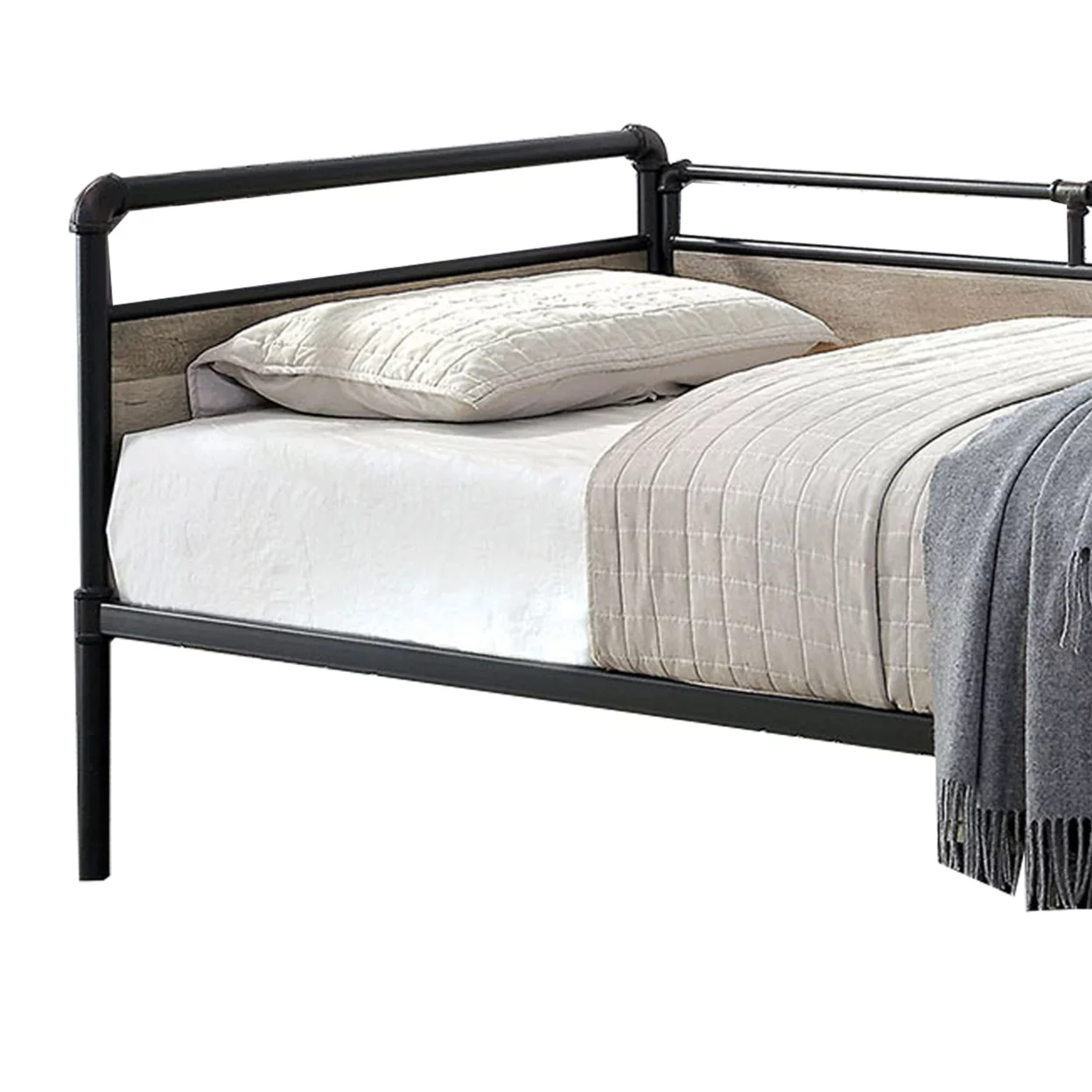 Industrial Pipe Design Metal Daybed with Wooden Panels, Black- Saltoro Sherpi