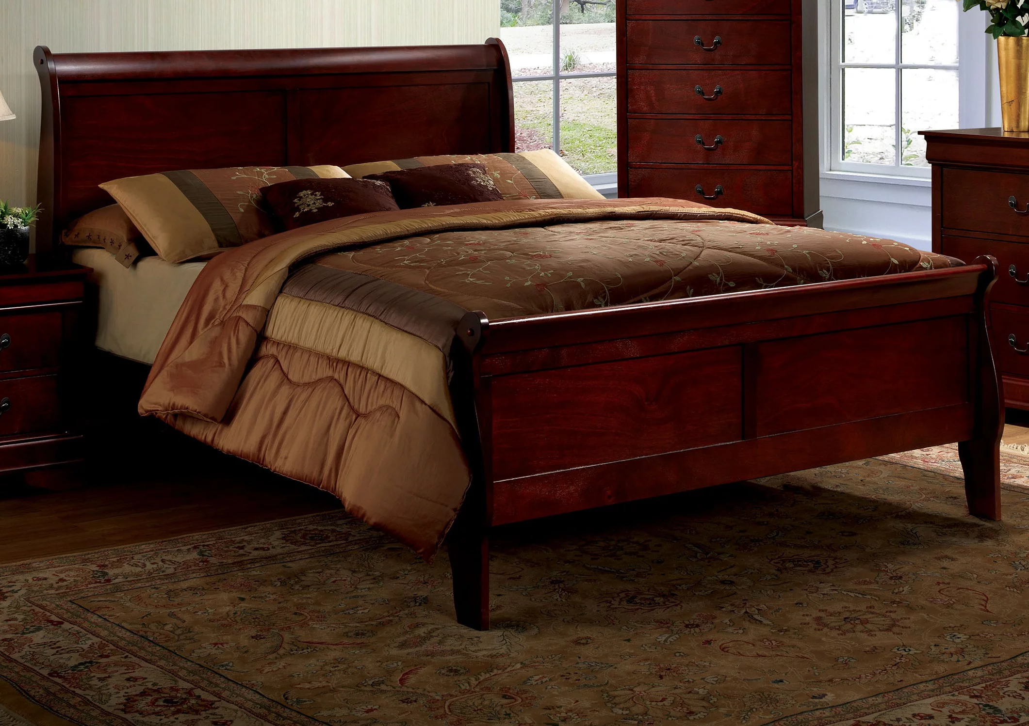 Dcenta Queen Size Bed Cherry Louis Phillipe Solidwood 1pc Bed Bedroom Sleigh Bed Bedroom Furniture