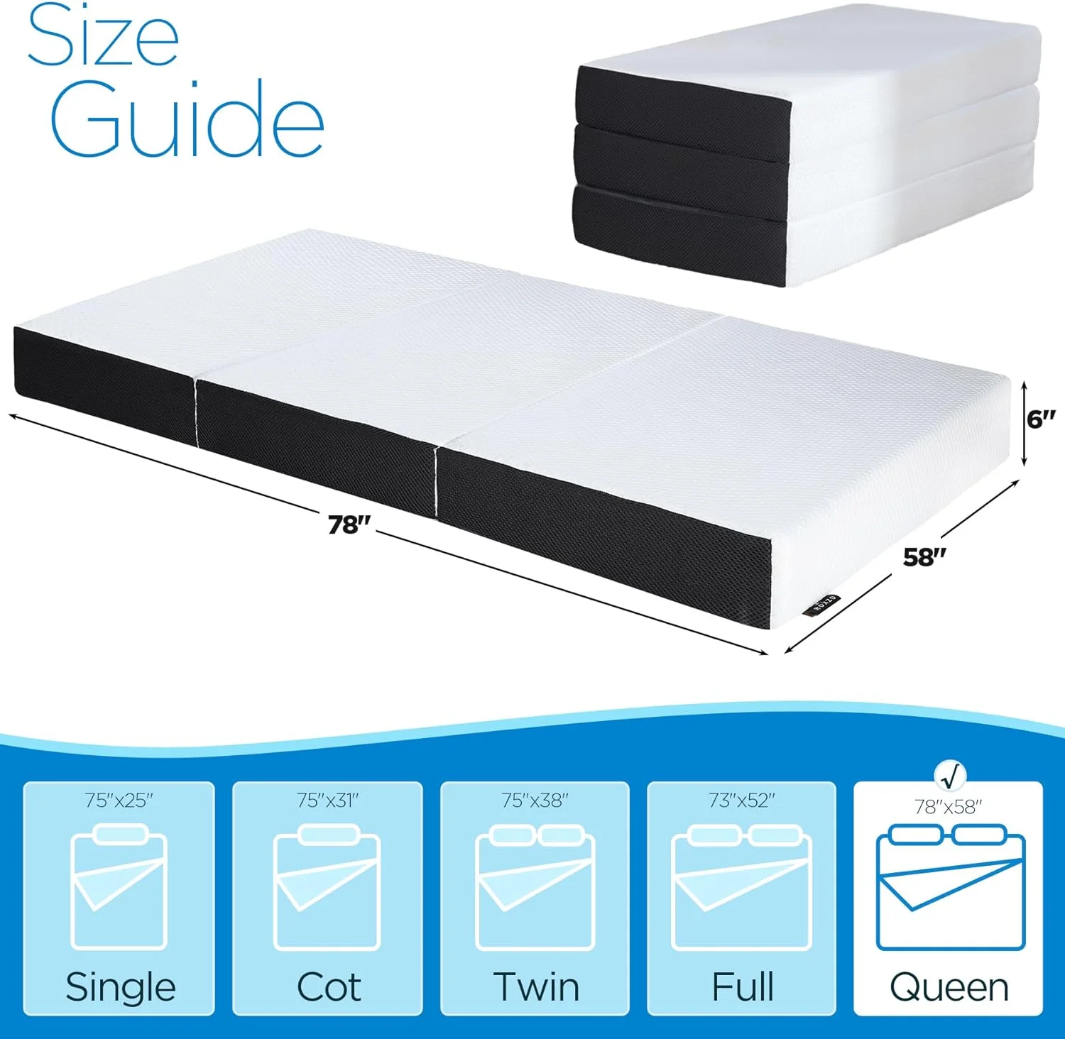 Folding Mattress Queen Size,6 inch Tri-fold Memory Foam Mattress Topper with Washable Cover, Non-Slip Bottom Mattress Guest Bed Queen Size, 78