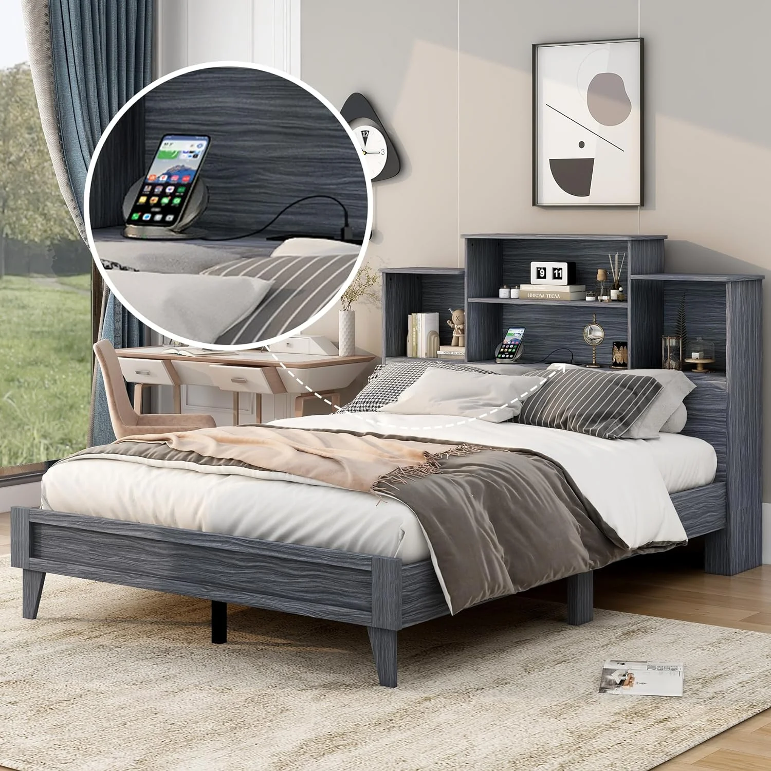 Quee Bed With Storage Headboard, Solid Wood Quee Size Platform Bed With 4 Ope Storage Shelves Ad USB Chargig Desig, o Box Sprig eeded, Gray