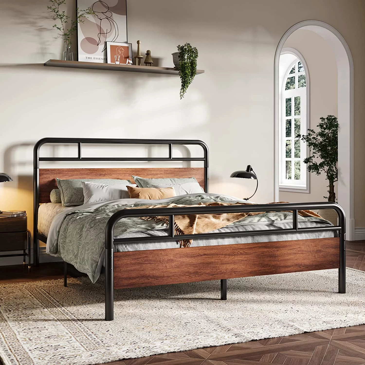 Queen Size Metal Bed Frame with Curved Wooden Headboard and Footboard  Mattress Foundation Platform Bed Frame with Under Bed Storage  No Box Spring Needed  Modern  Walnut