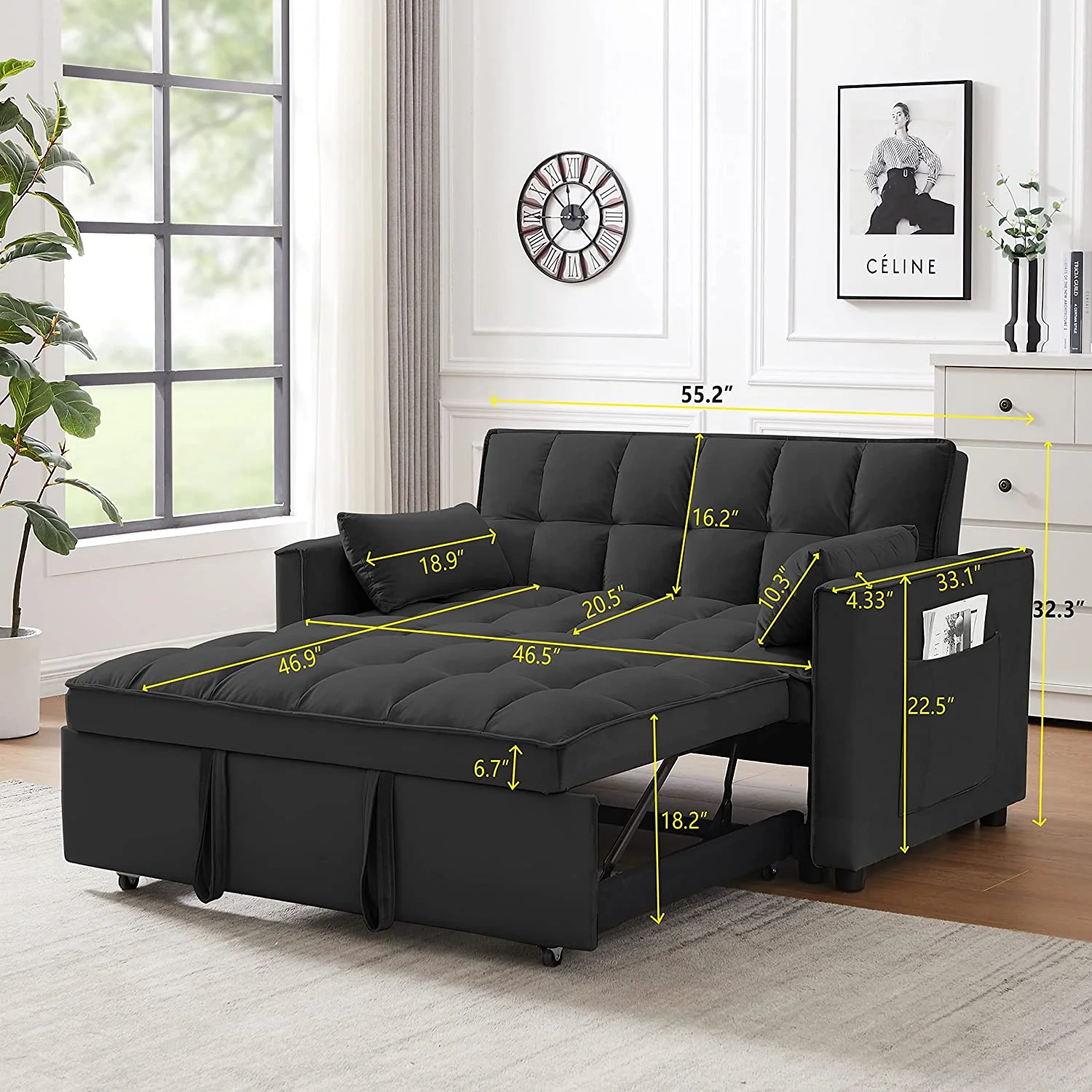Pull Out Bed Sleeper Sofa Bed With Toss Pillows,Velvet Loveseat Futo Sofa Couch With Pockets,Loveseat Sofa Couch With Adjsutable Backrest For Livig Room