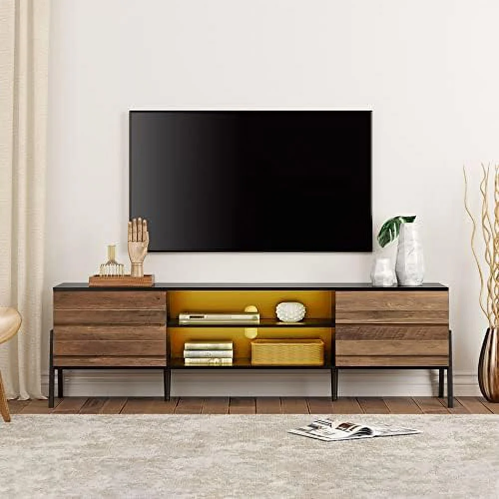 NLIBOOMLife Mid-Century Modern TV Stand for 75+ Inch TV with 16 Color LED Light  Retro TV Cabinet Entertainment Center with  Cabinet & Metal Leg  Television Stands for Living Room Bed