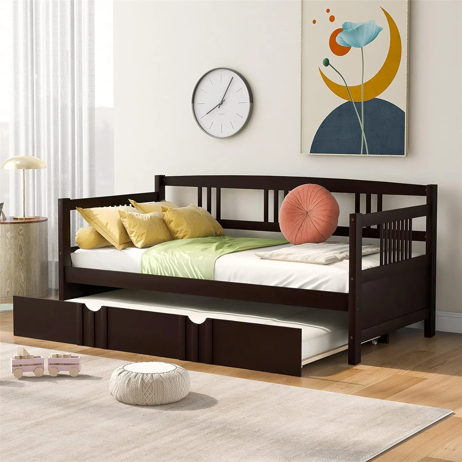 Daybed With Trundle, Wood Day Bed Frame, Size Sofa Bed For Living Room Guest Room Bedroom, Espresso