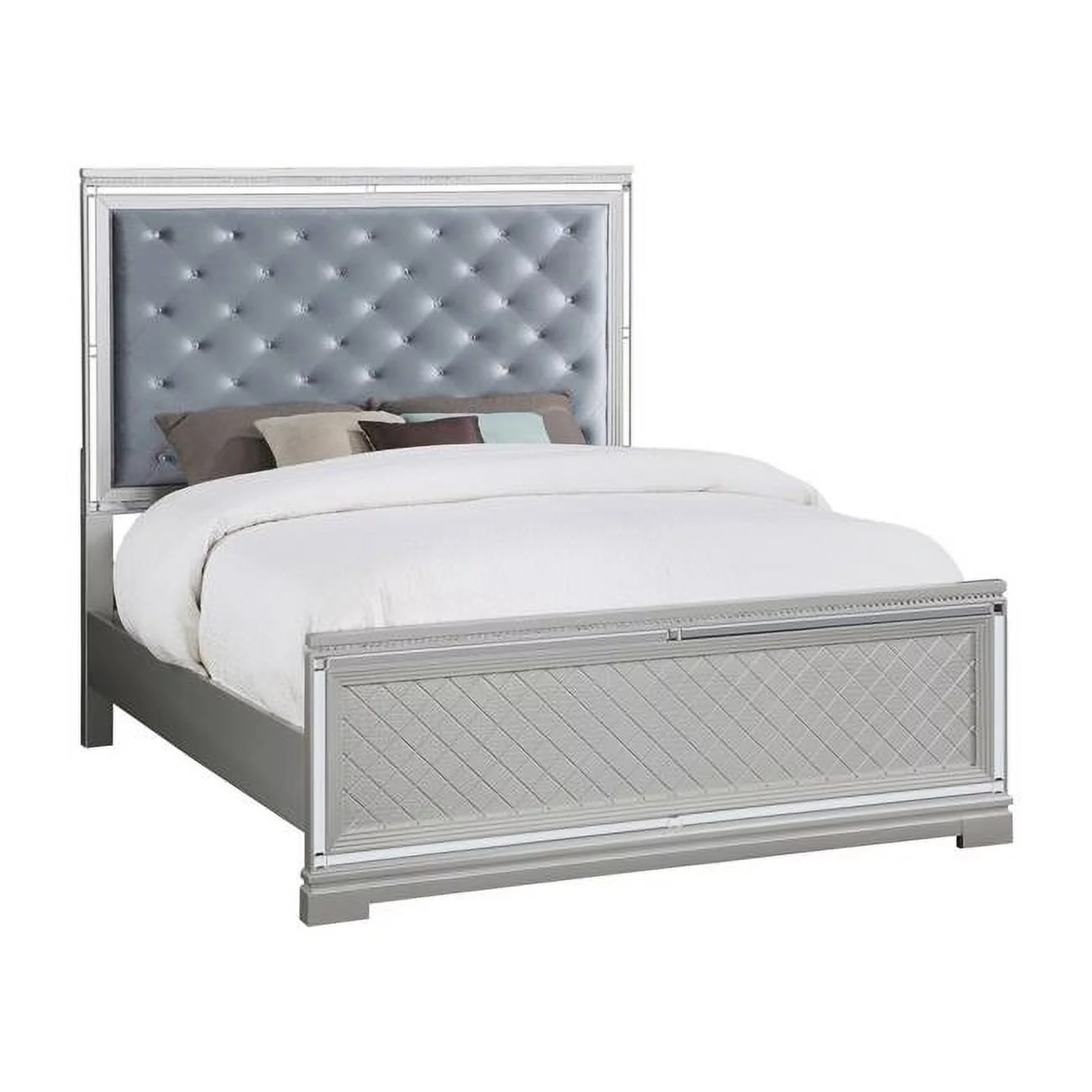 Benjara Velvet Upholstery Mirror Trim Tufted Headboard Axl Queen Size Bed, Silver & Metallic