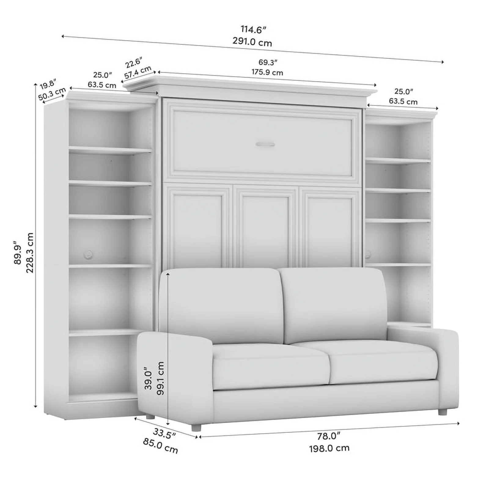 Bestar Versatile Engineered Wood Queen Murphy Bed with Sofa & Organizers in Gray